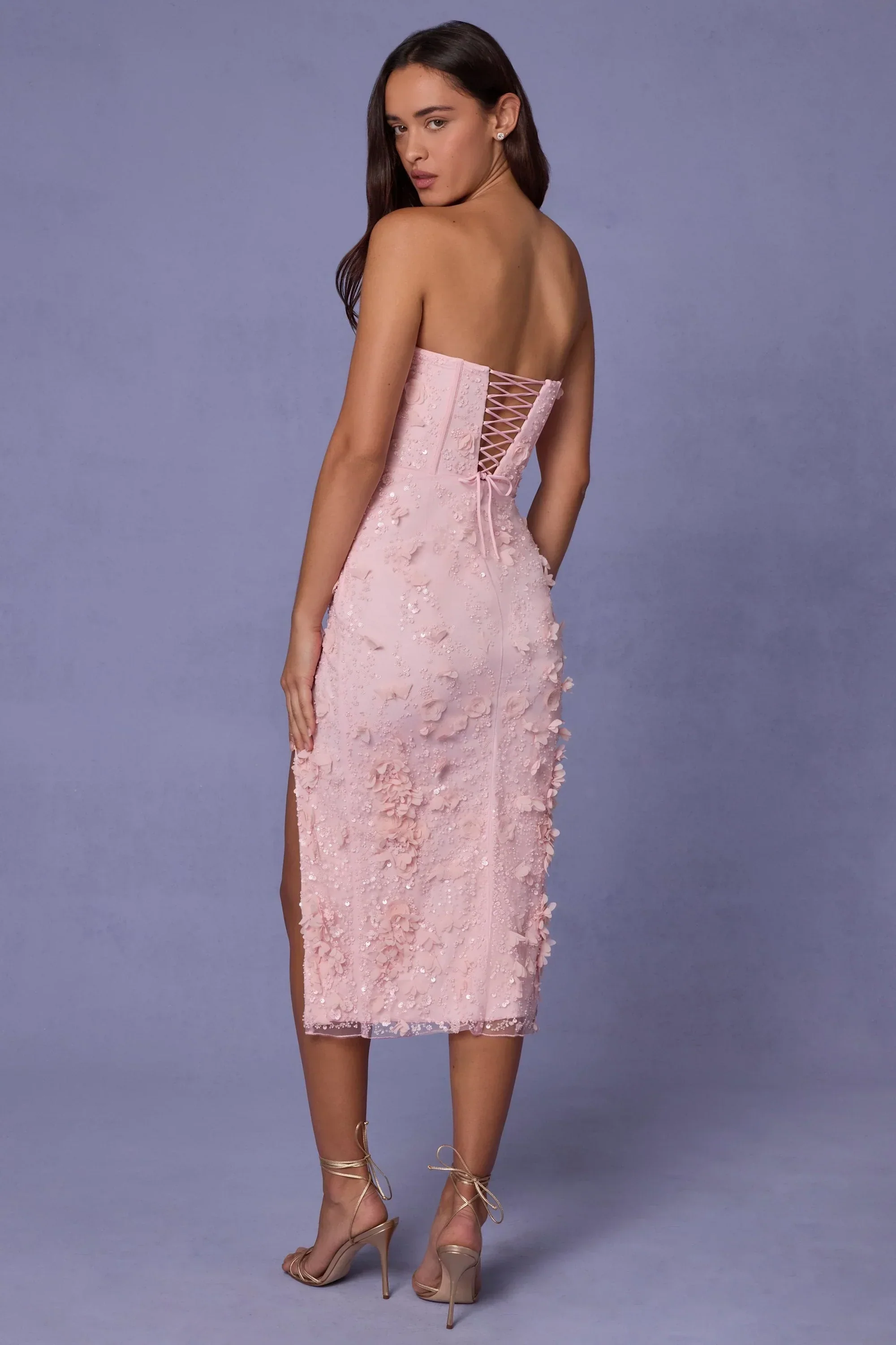 Lace-Up Corset Midaxi Dress With Split In Soft Pink