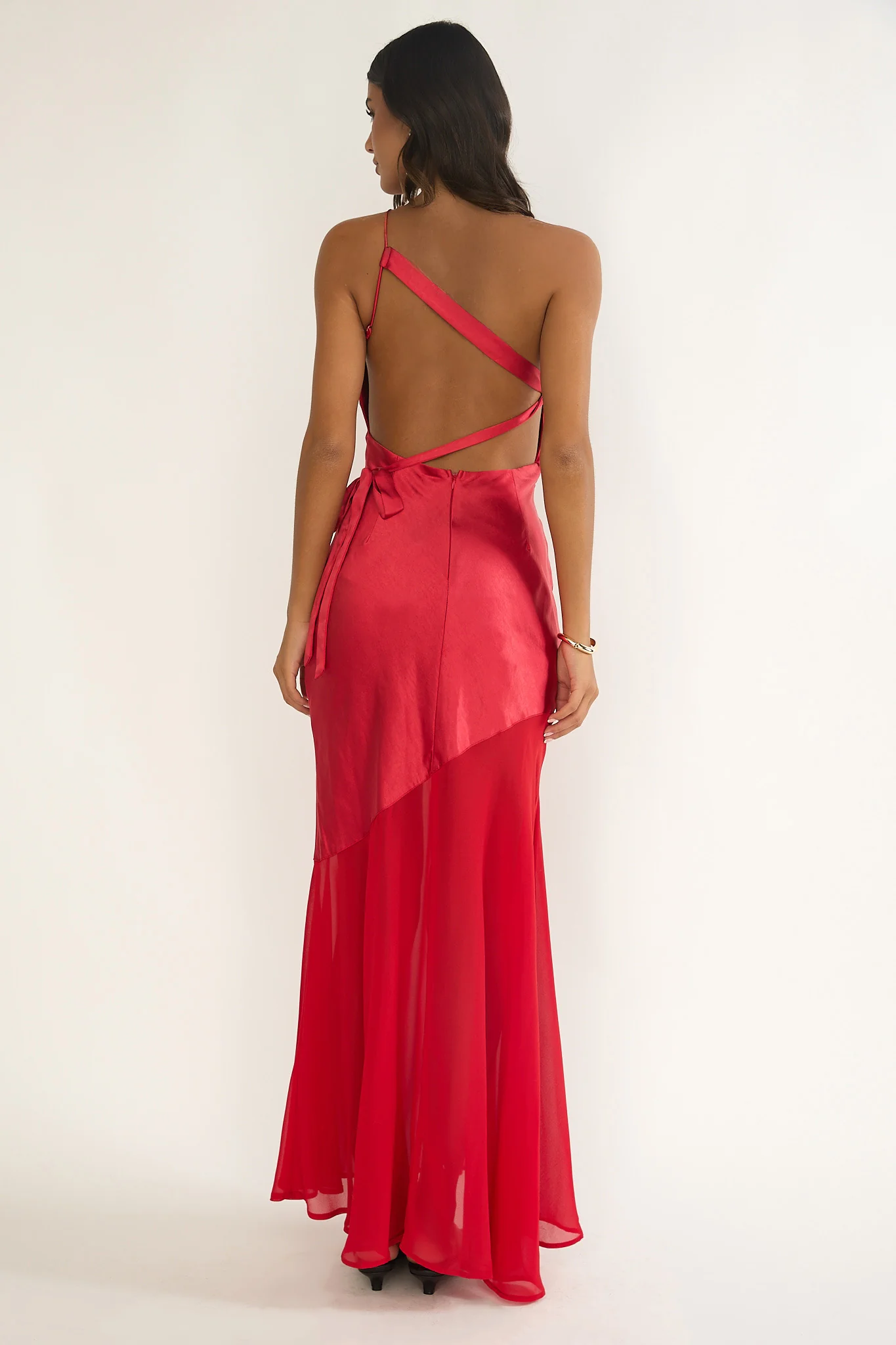 Mireya One-Shoulder Sheer Hem Maxi Dress Red