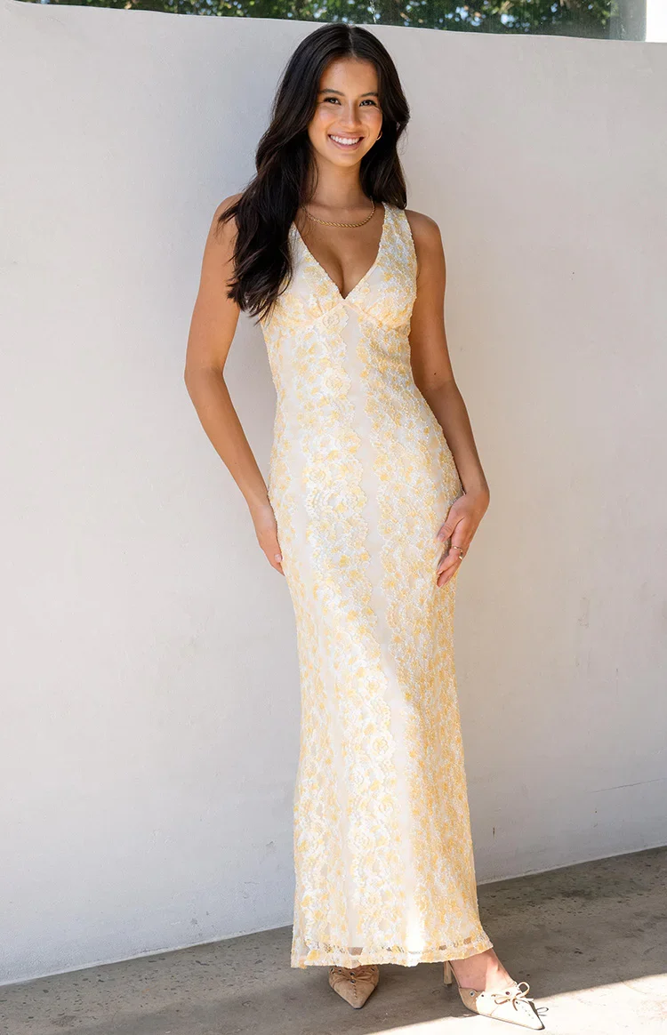 Farida Yellow Lace Maxi Dress