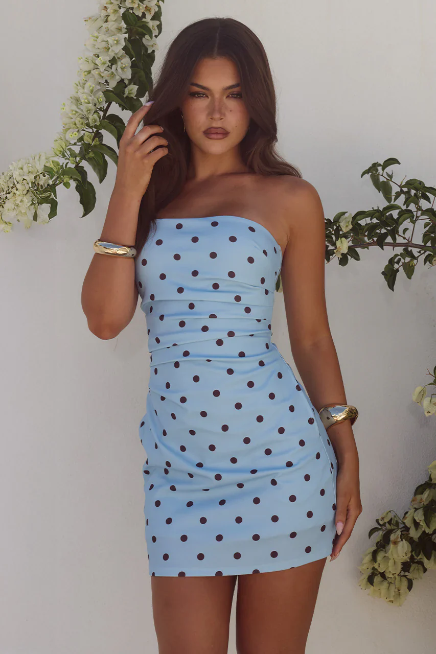 CAIRO STRAPLESS MINI DRESS - SKY BLUE/CHOC POLKA