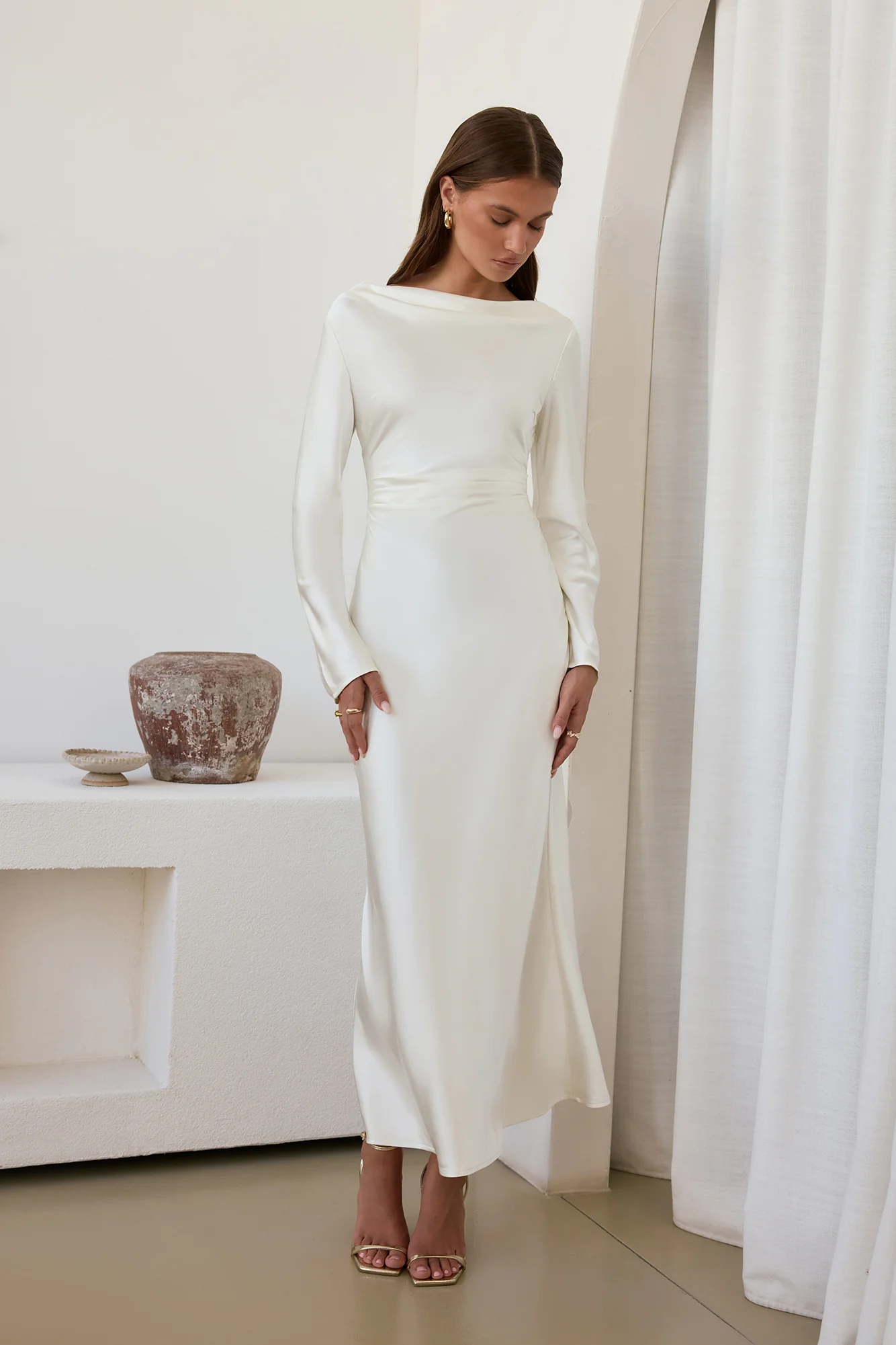 Cross The Skies Satin Long Sleeve Maxi Dress White