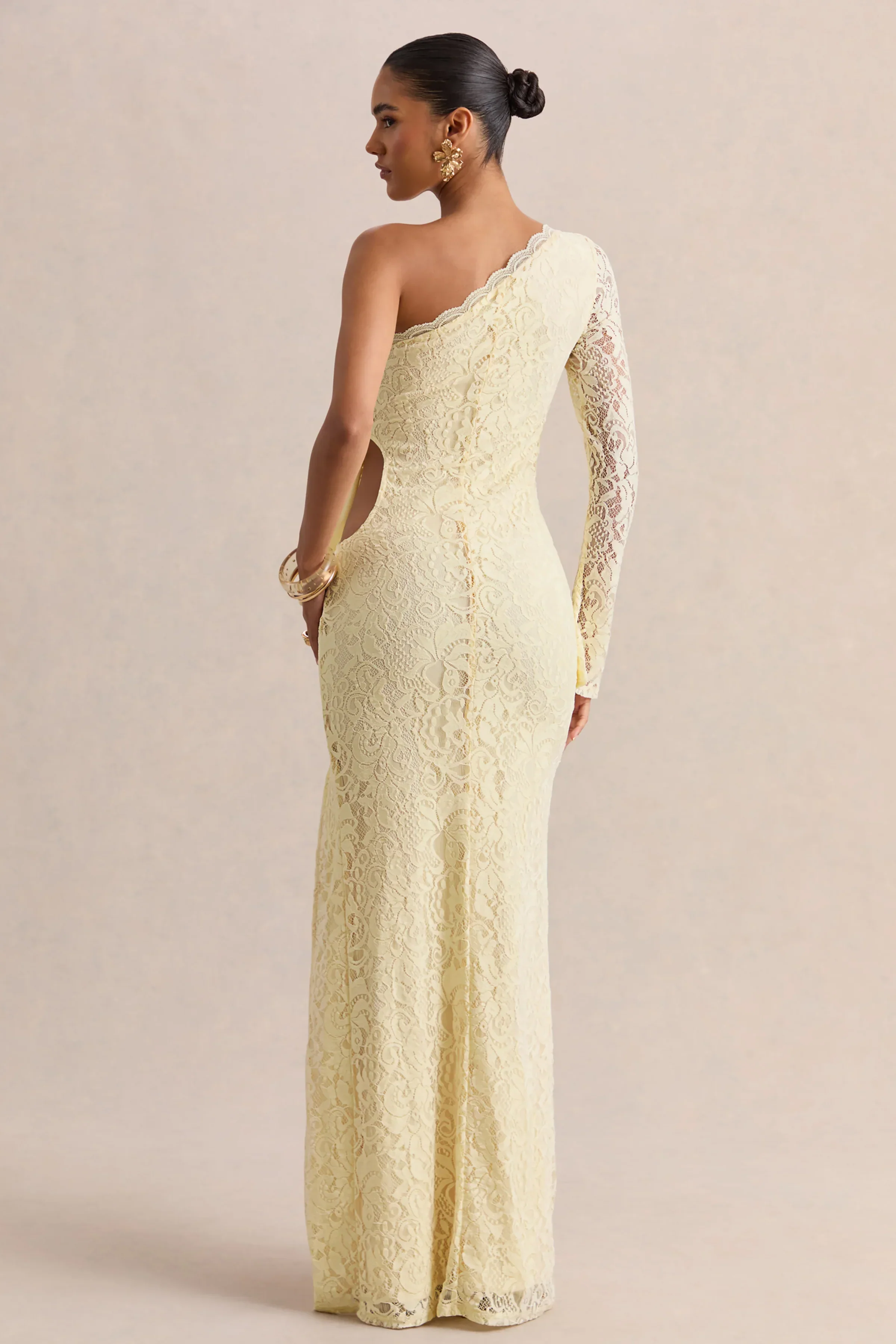 Norna | Lemon Lace Asymmetric-Neck Maxi Dress With Cut-Out And Bow Details