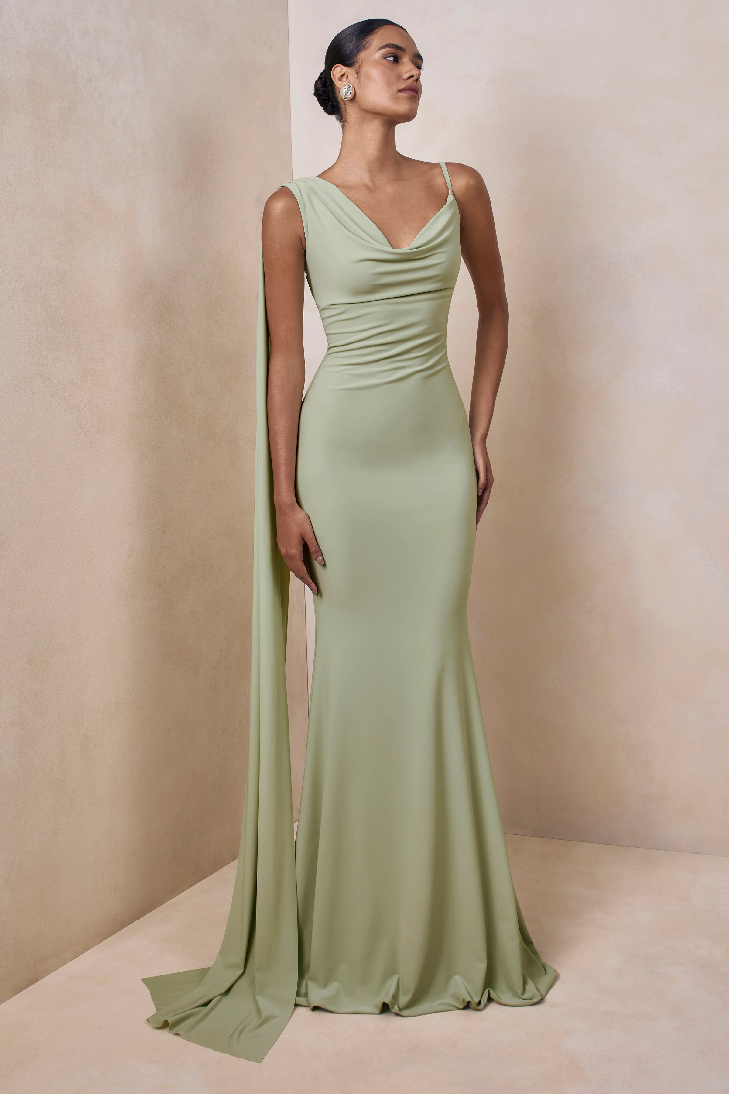 Kenza | Mint Asymmetric-Neck Maxi Dress With Scarf-Detail