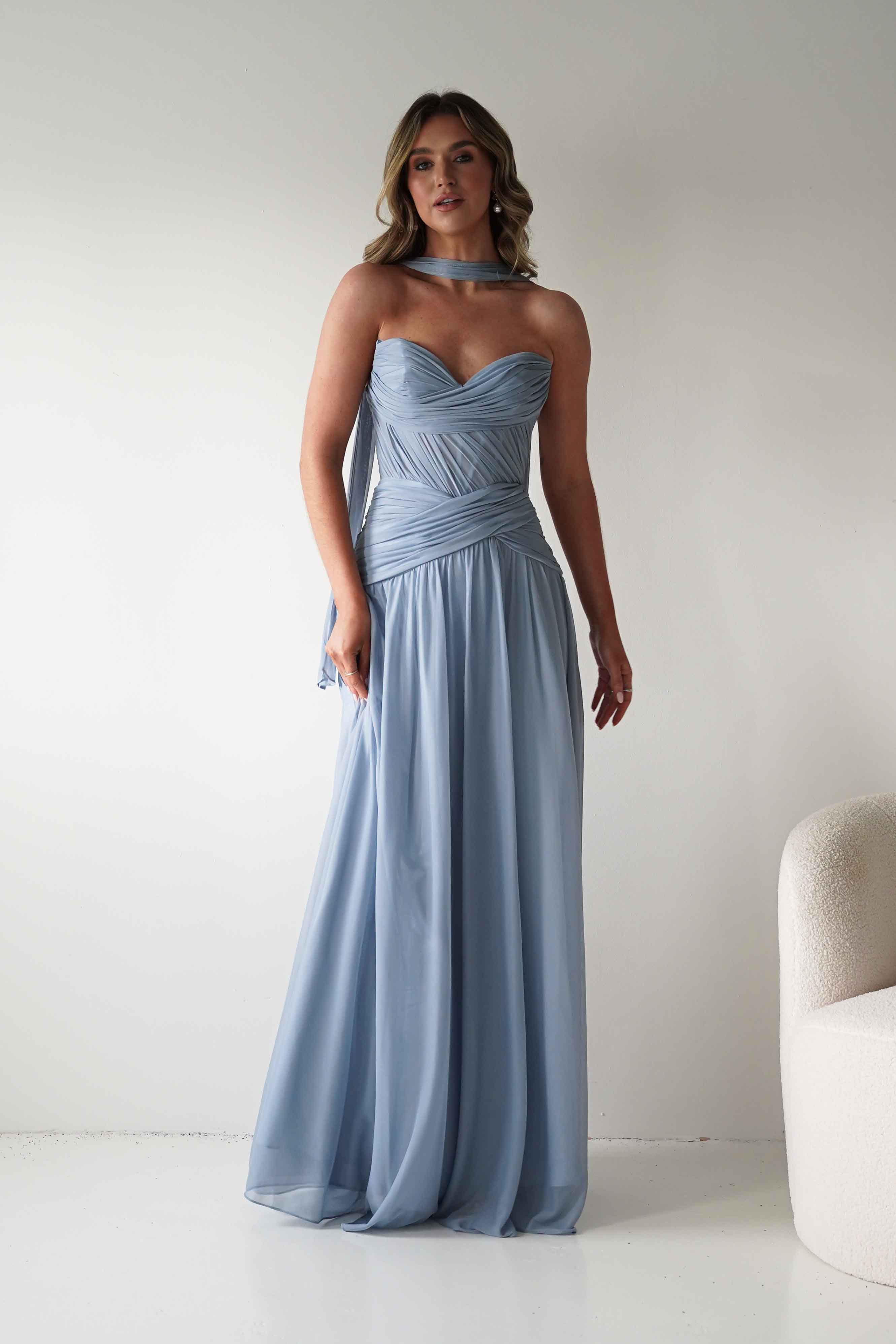 Nicolette Strapless Chiffon Maxi Gown | Dusty Blue