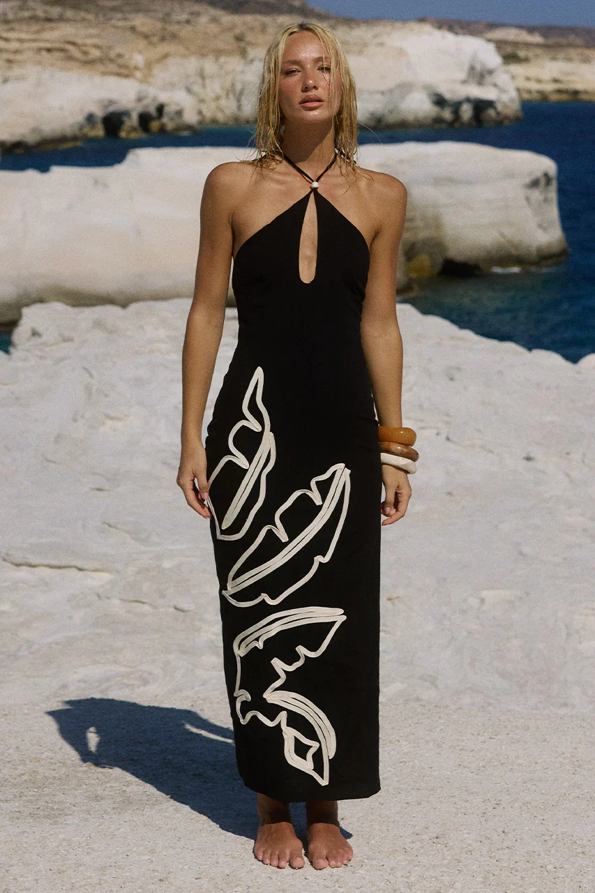 BRONTIE KEYHOLE HALTER MIDI DRESS - BLACK