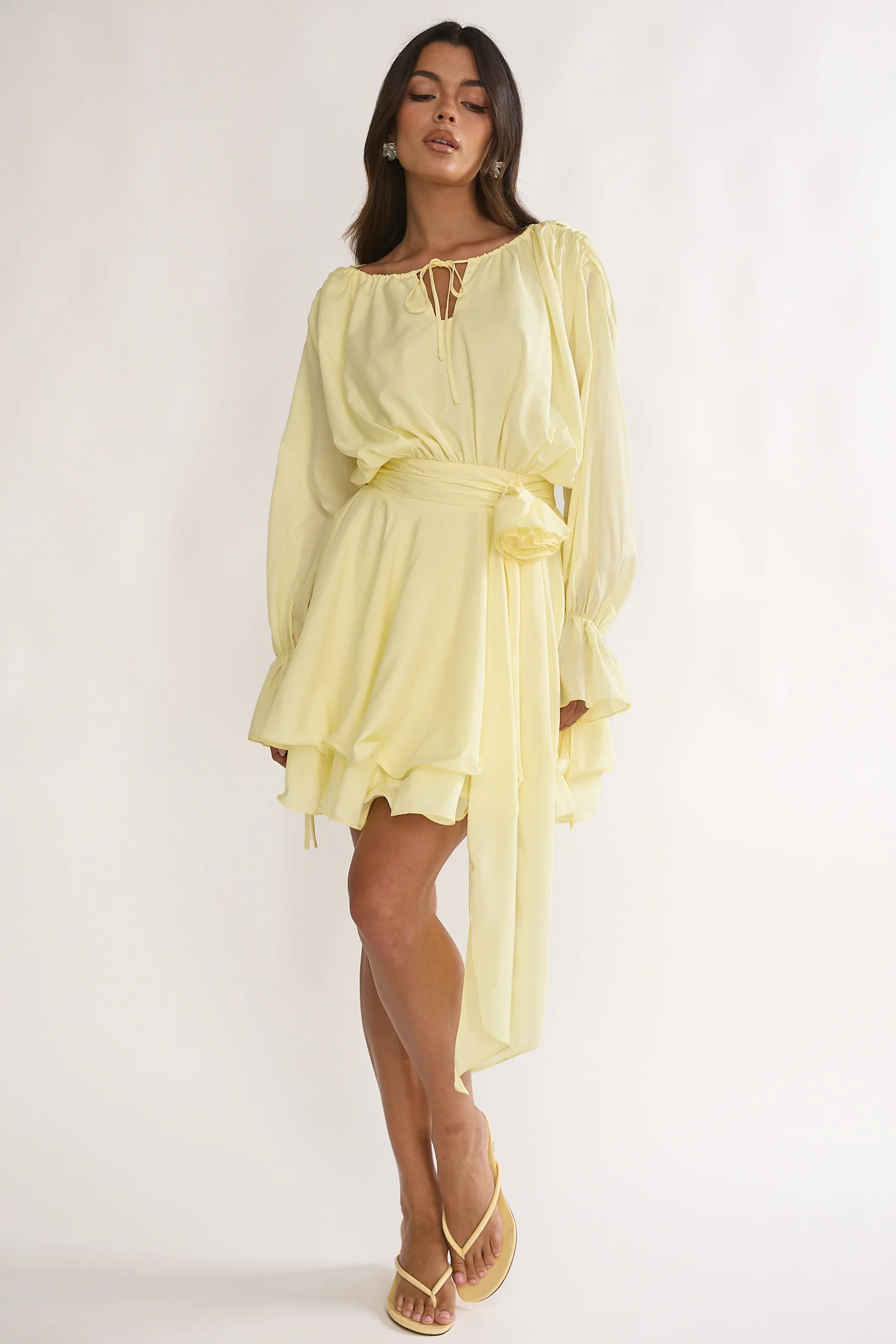 Maeva Long Balloon Sleeve Rosette Mini Dress Lemon