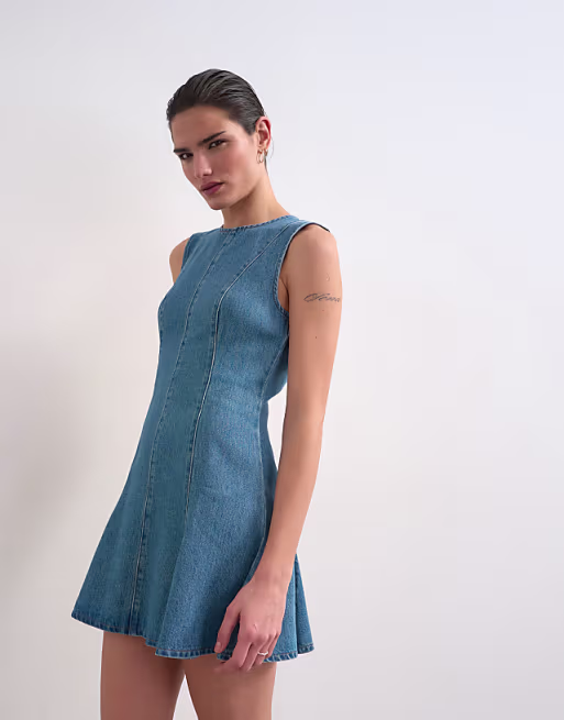 Topshop denim seamed flippy mini dress in mid blue