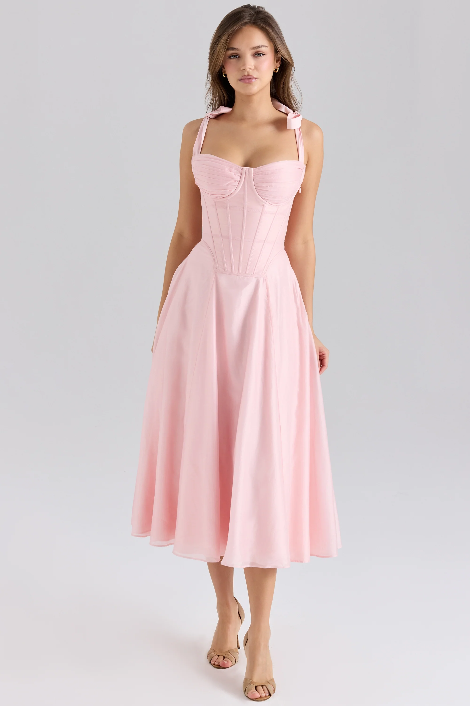 Pink Chiffon Tie Strap Midi Dress