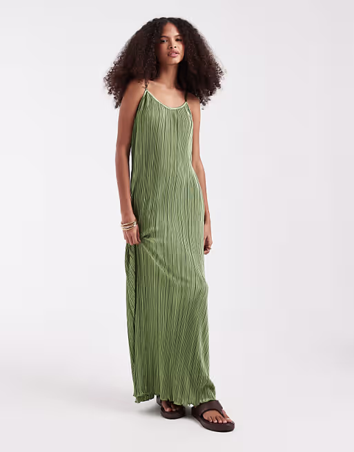 PIECES plisse cami maxi dress in olive green