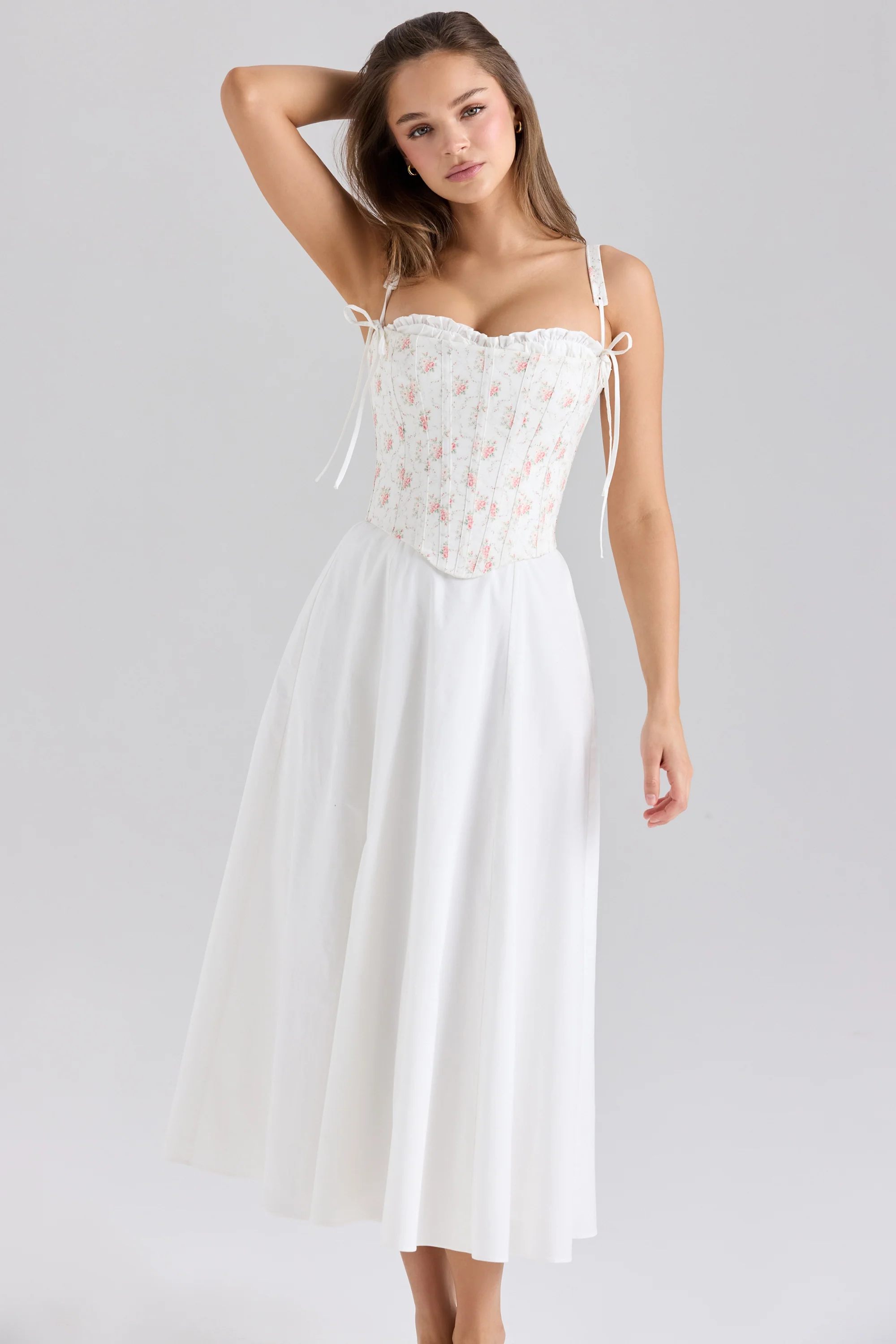 Rose Print Cotton Detachable Corset Midi Sundress
