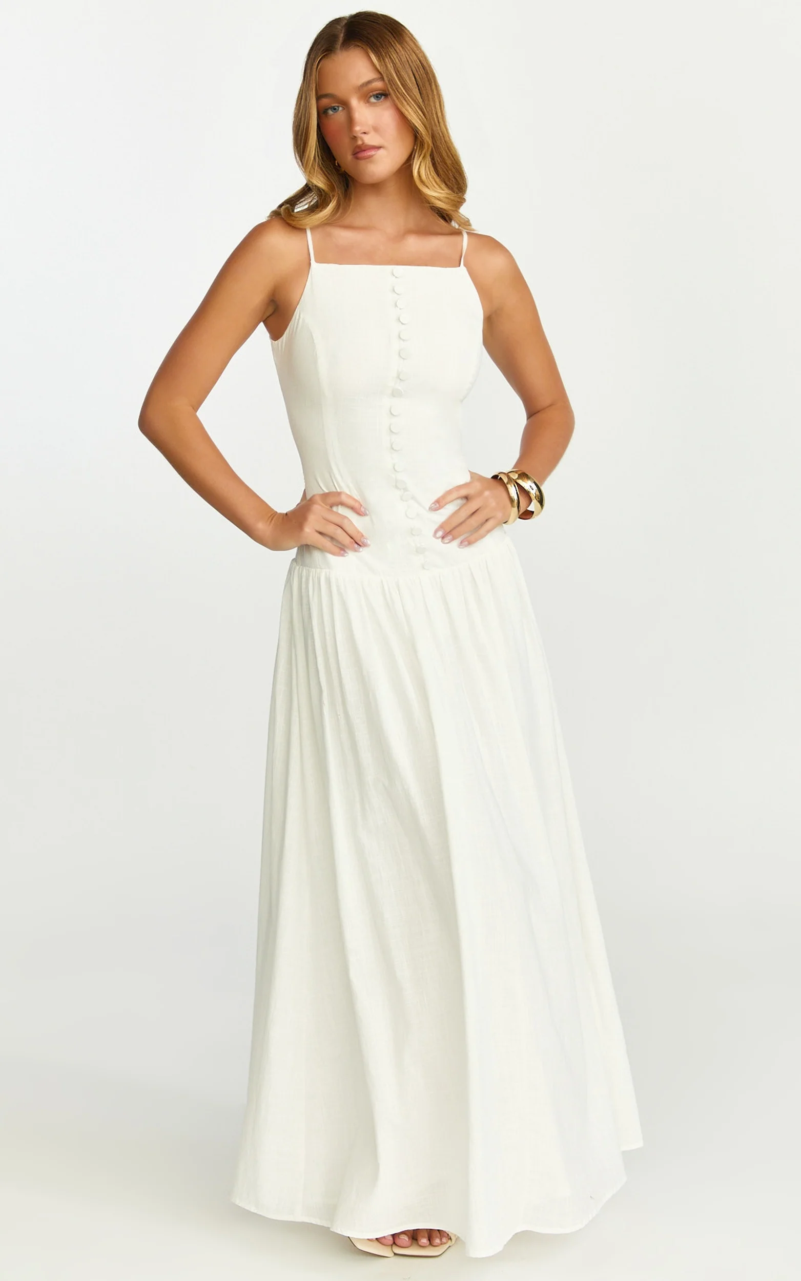 Cortez Maxi Dress - Square Neck Button Down Dropped Waist Dress in White