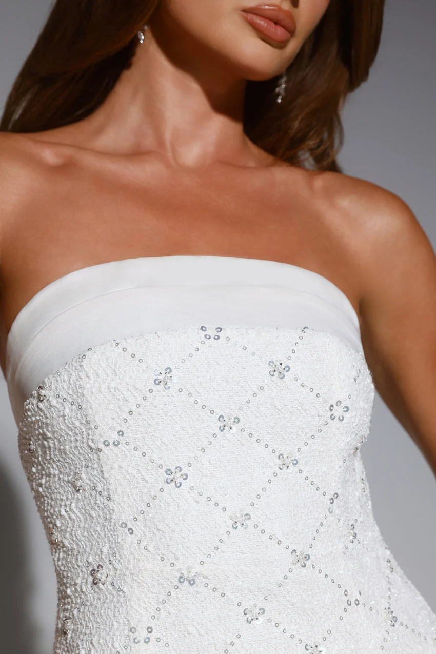 Luxe Vibe Embellished Strapless Mini Dress Cream - luluinthesky
