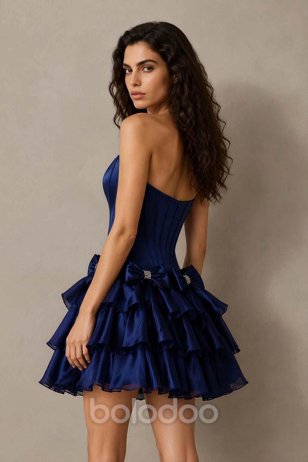 BOLODOO Navy Blue Strapless Bow Tiered Ruffle Mini Dress