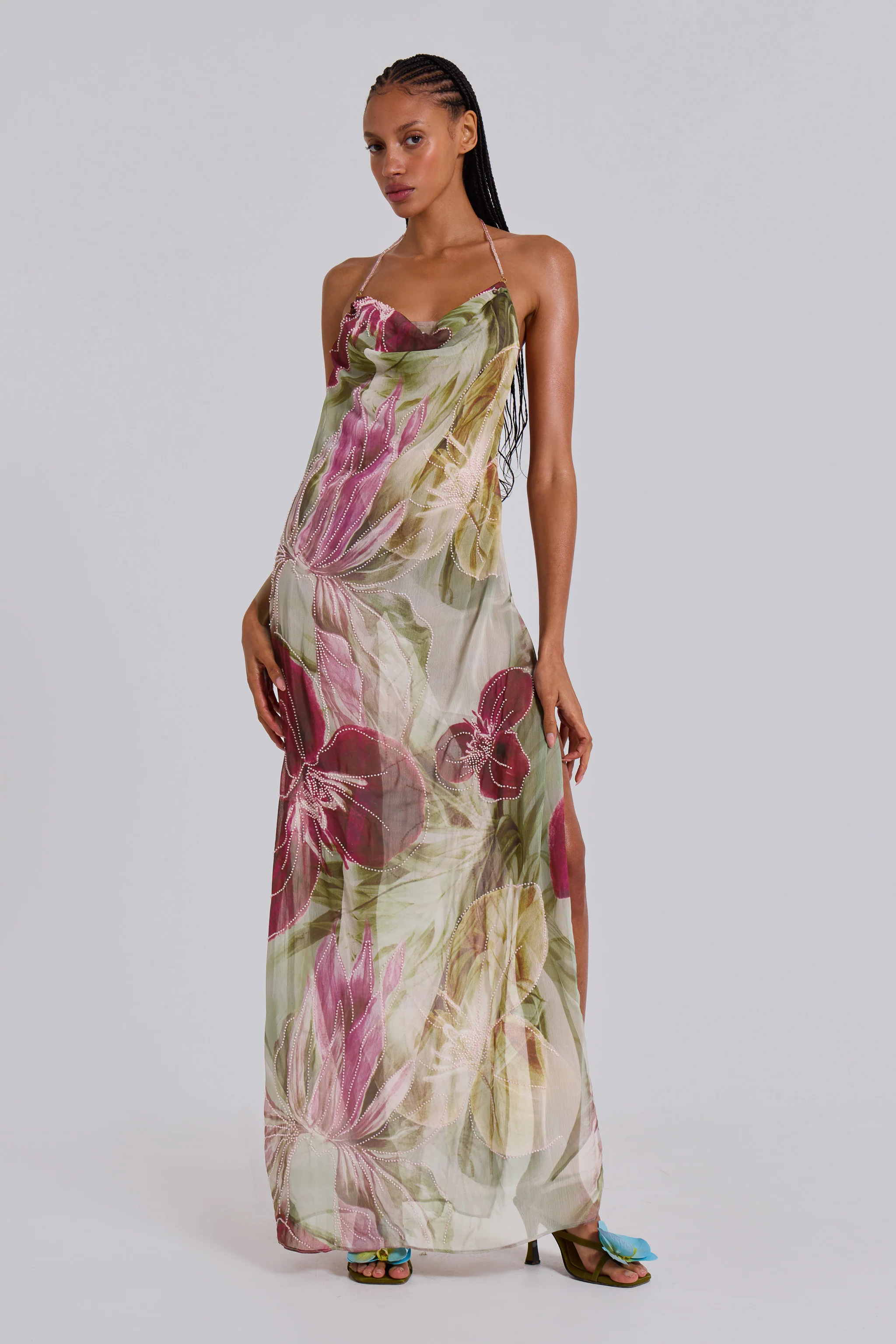 Dahlia Hand-Beaded Backless Chiffon Maxi Dress - luluinthesky