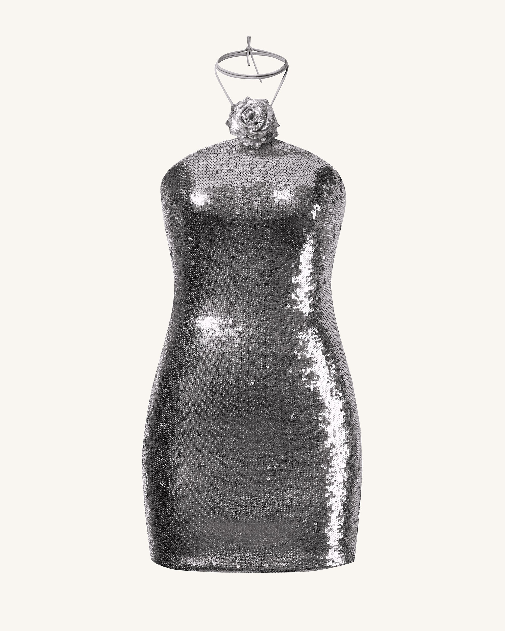 Burgundy Silver Sequinned Halter Mini Dress - Silver - FASHION NOB