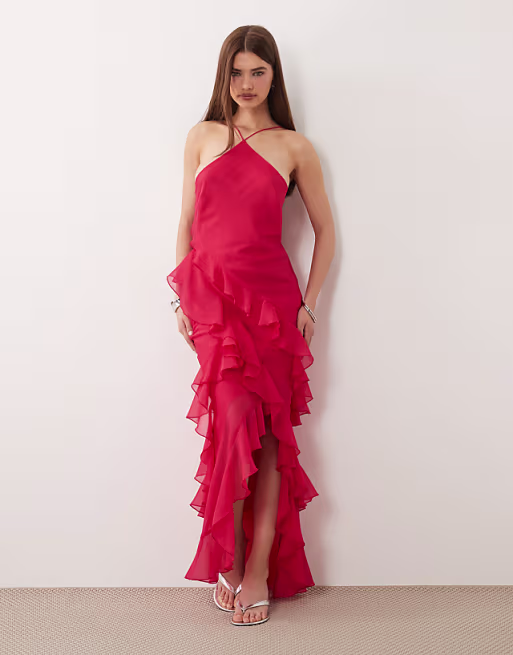 bias cut maxi dress with full hem cut ruffles and high-low hem in pink