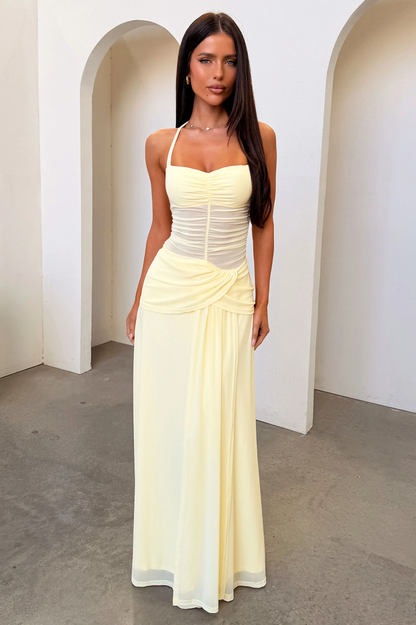 Gabrielle Haleterneck Mesh Maxi Dress - Yellow
