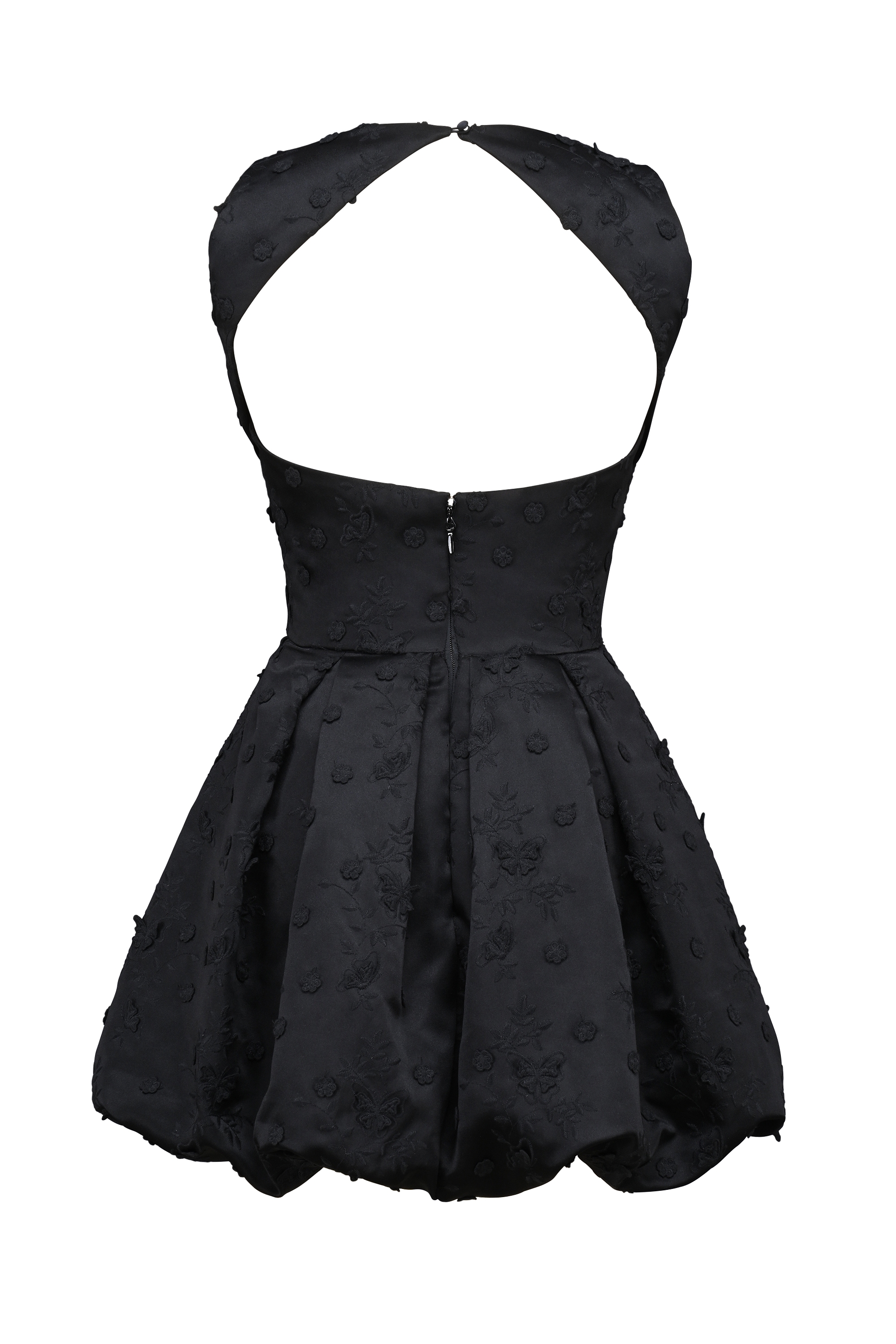 Black Backless Embroidered Mini Puffball Dress