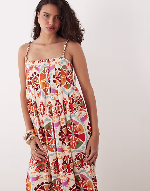 VILA beaded straps pleated cami maxi dress in red conversational print
