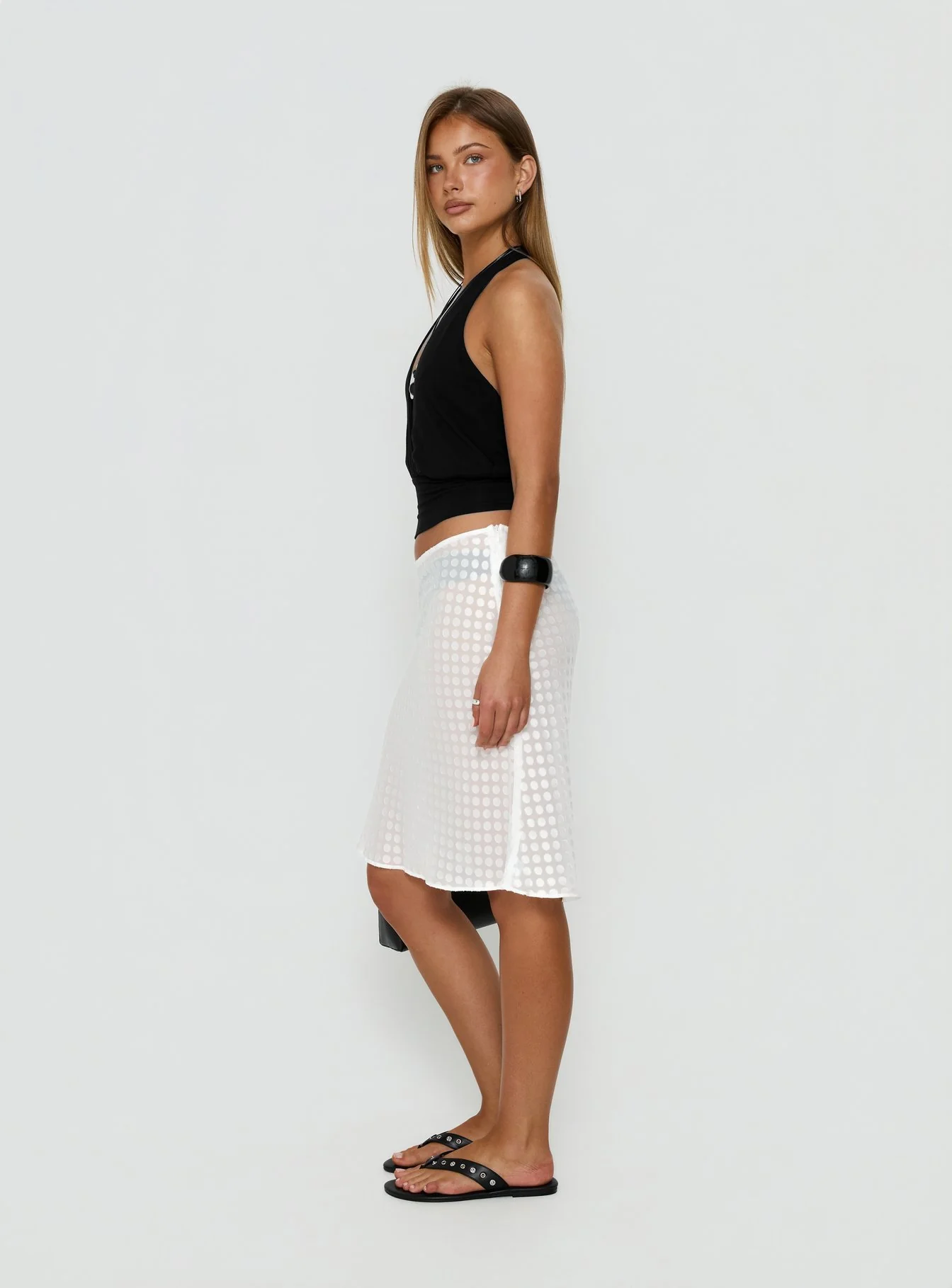 Evangela Sheer Midi Skirt White Polka Dot