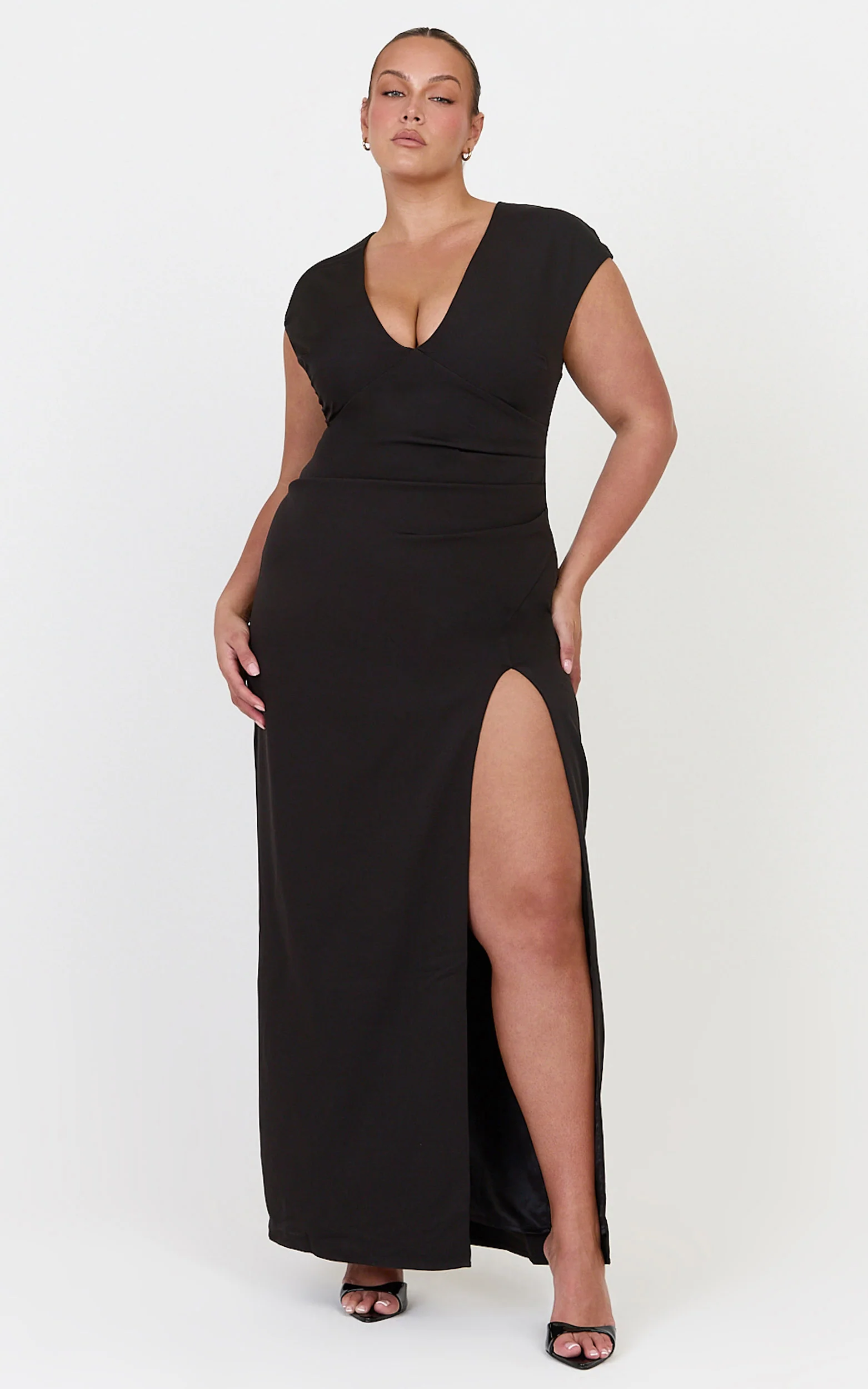 Lilo Maxi Dress - V Neck Cap Sleeve Dress in Black