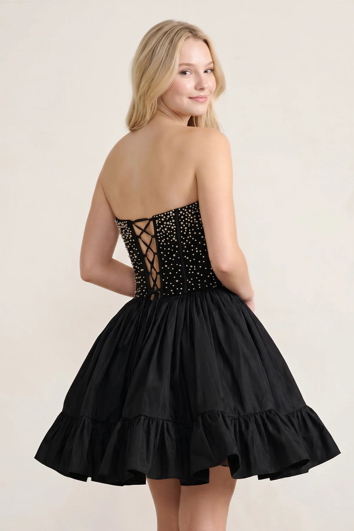 Pink Strapless A Line Satin Ruffles Homecoming Dresses With Pearls