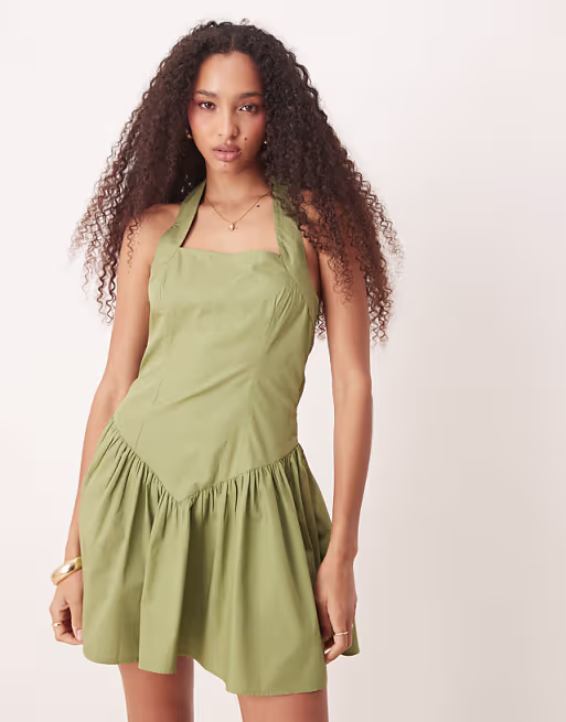 halter mini dress with ruffle hem in washed khaki