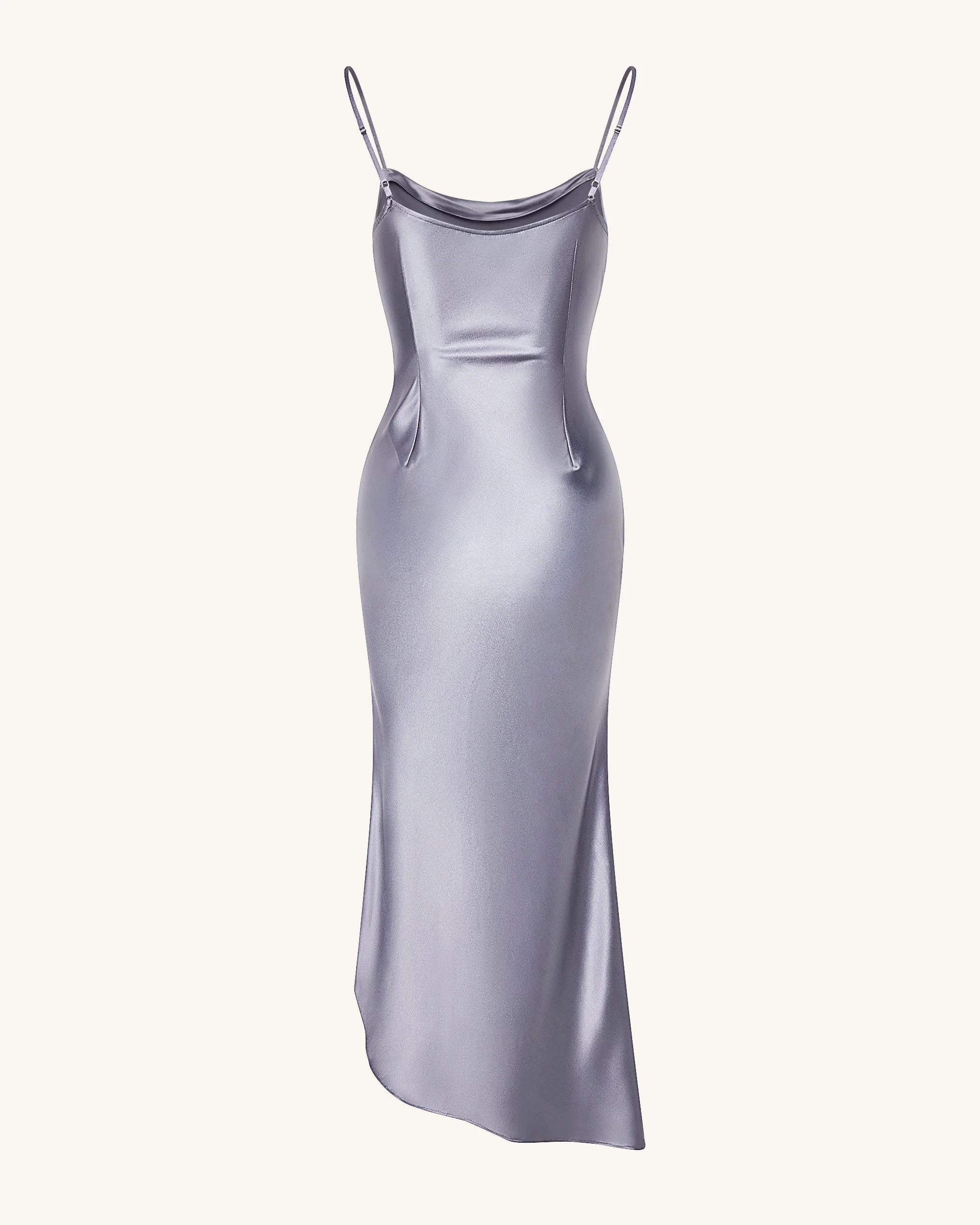 Liquid Satin Cowl-Slit Gown - Silver - FASHION NOB