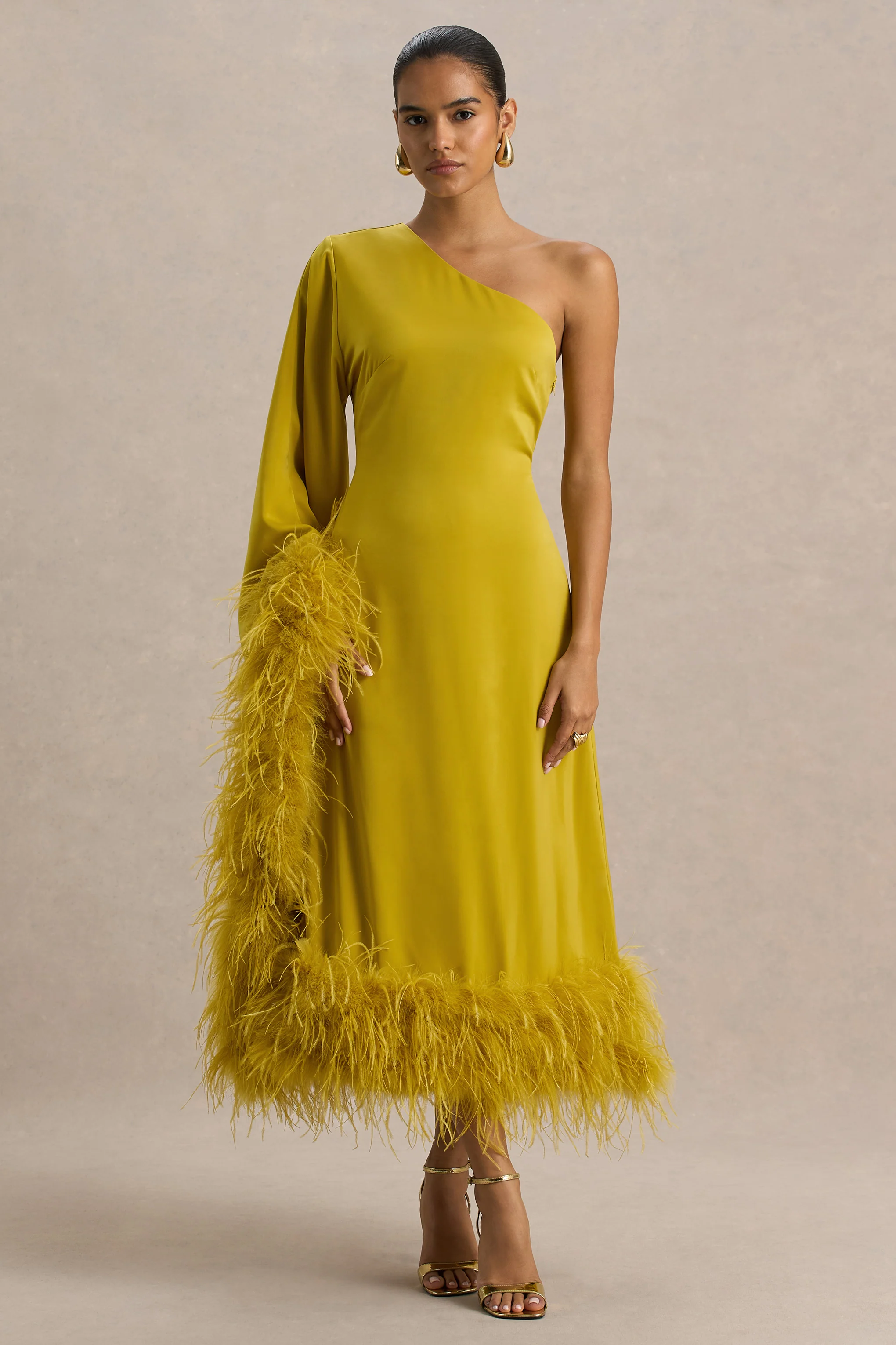 Destiny | Yellow Satin Asymmetric-Neck Midi Dress With Feather Details
