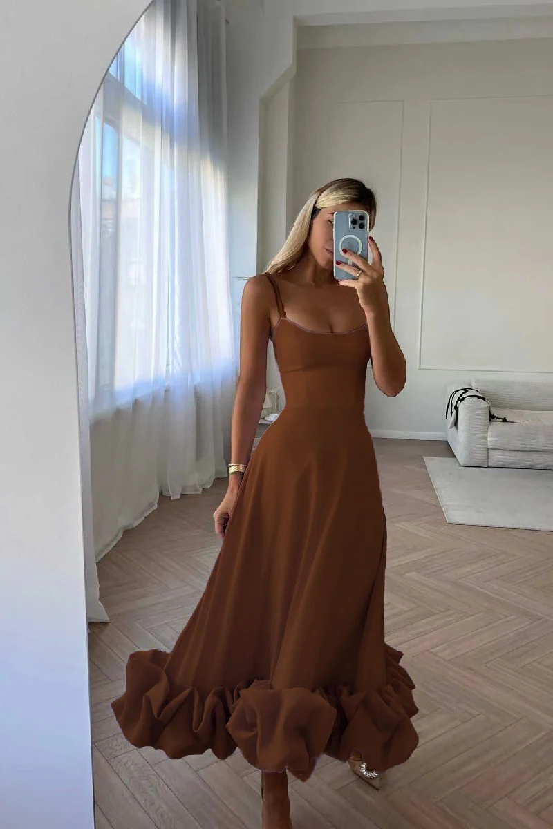 A-Line Tea Length Chiffon Wedding Guest Dress 714081841047