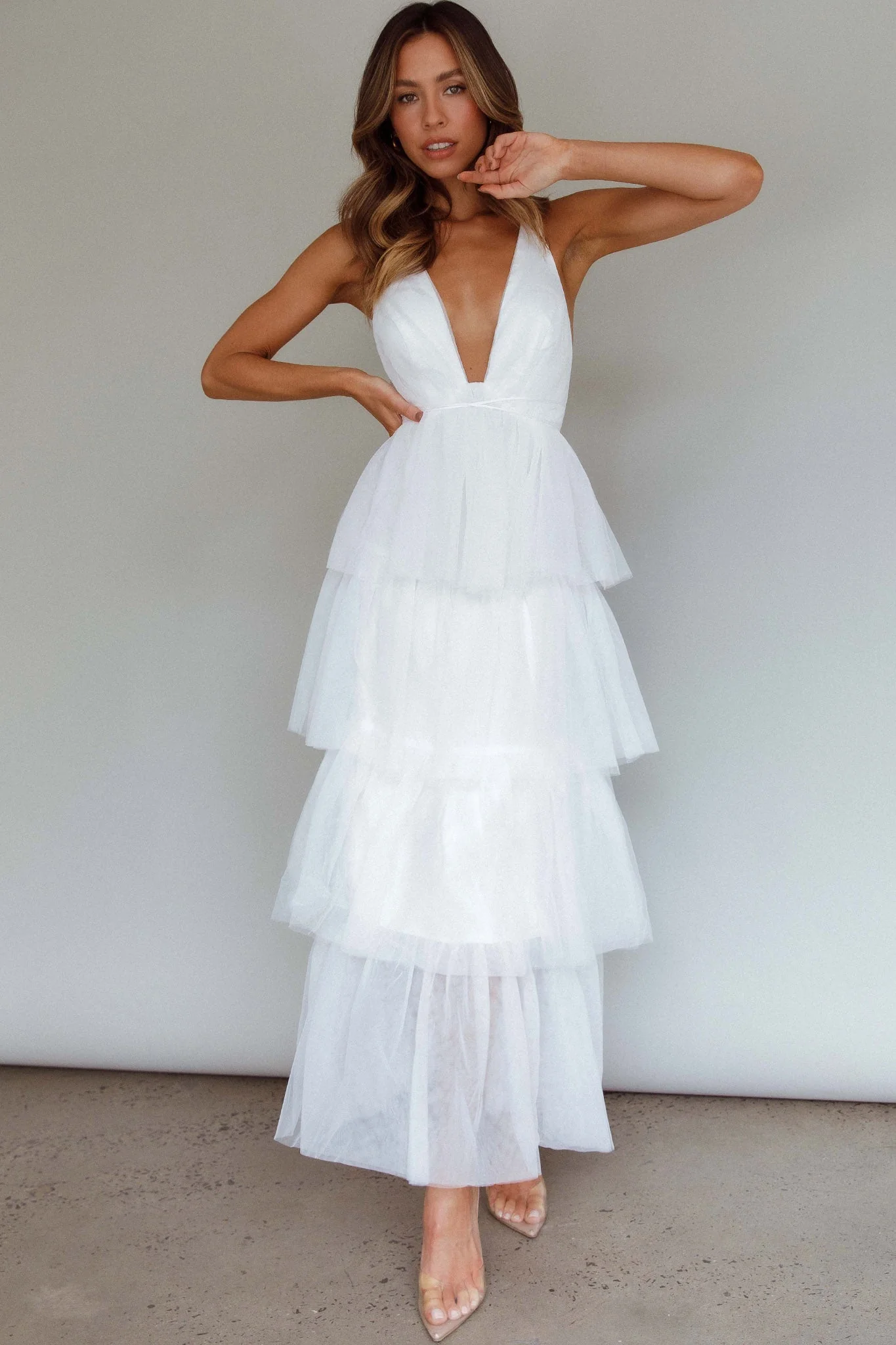 Auguste Tiered Frill Midi Dress White - luluinthesky