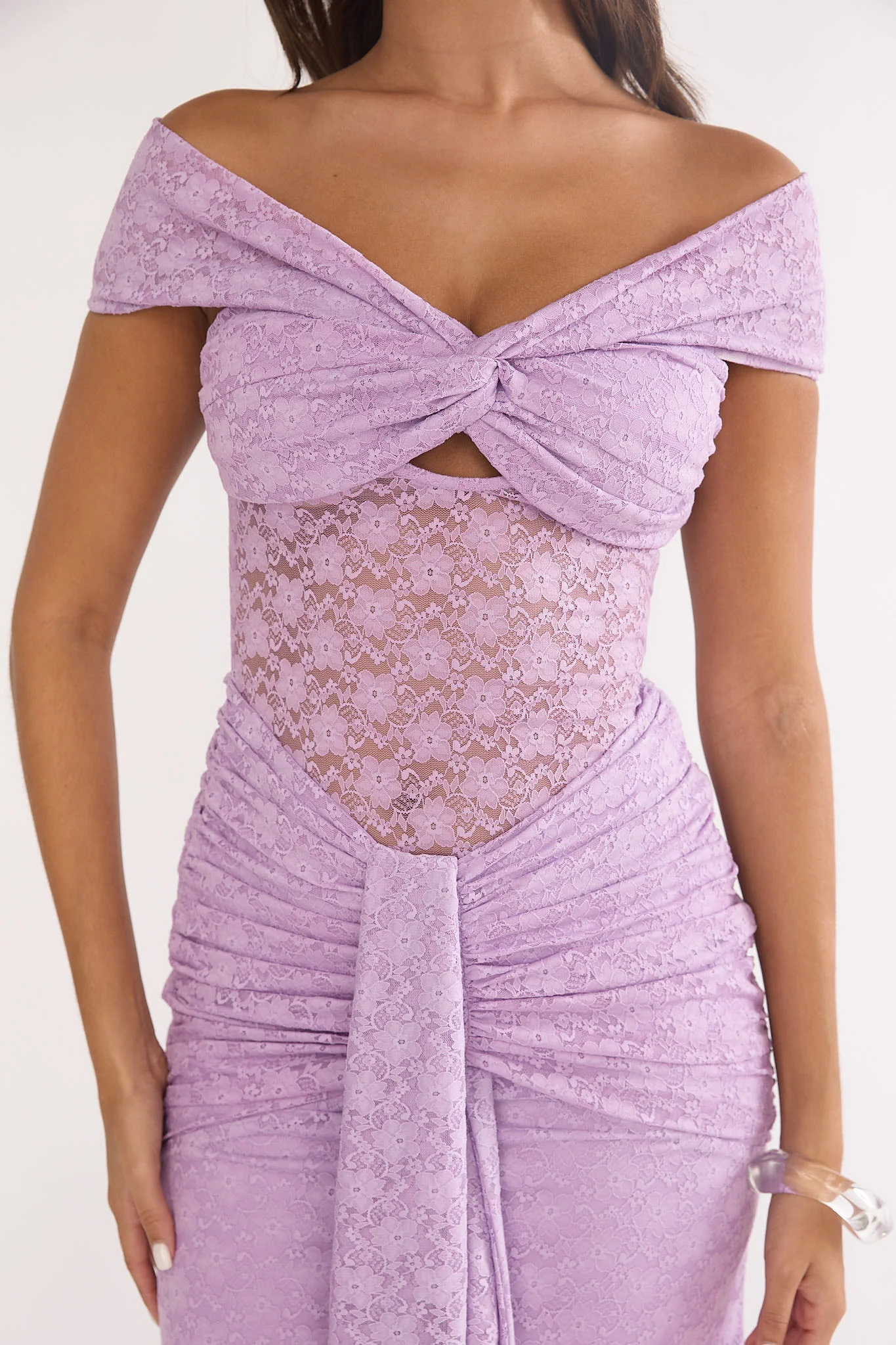 Kamilah Ruched Lace Maxi Dress Lilac