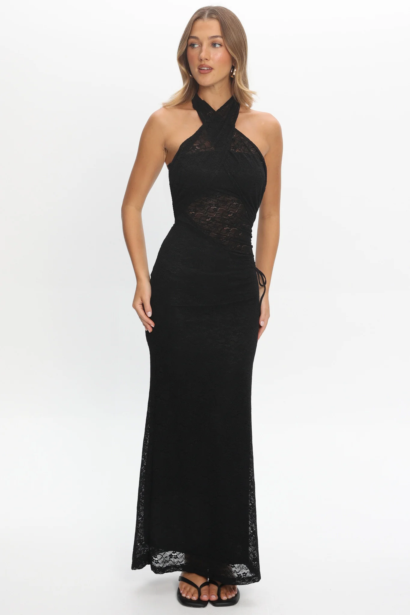 Karmella Cross-Front Lace Halter Maxi Dress Black - luluinthesky