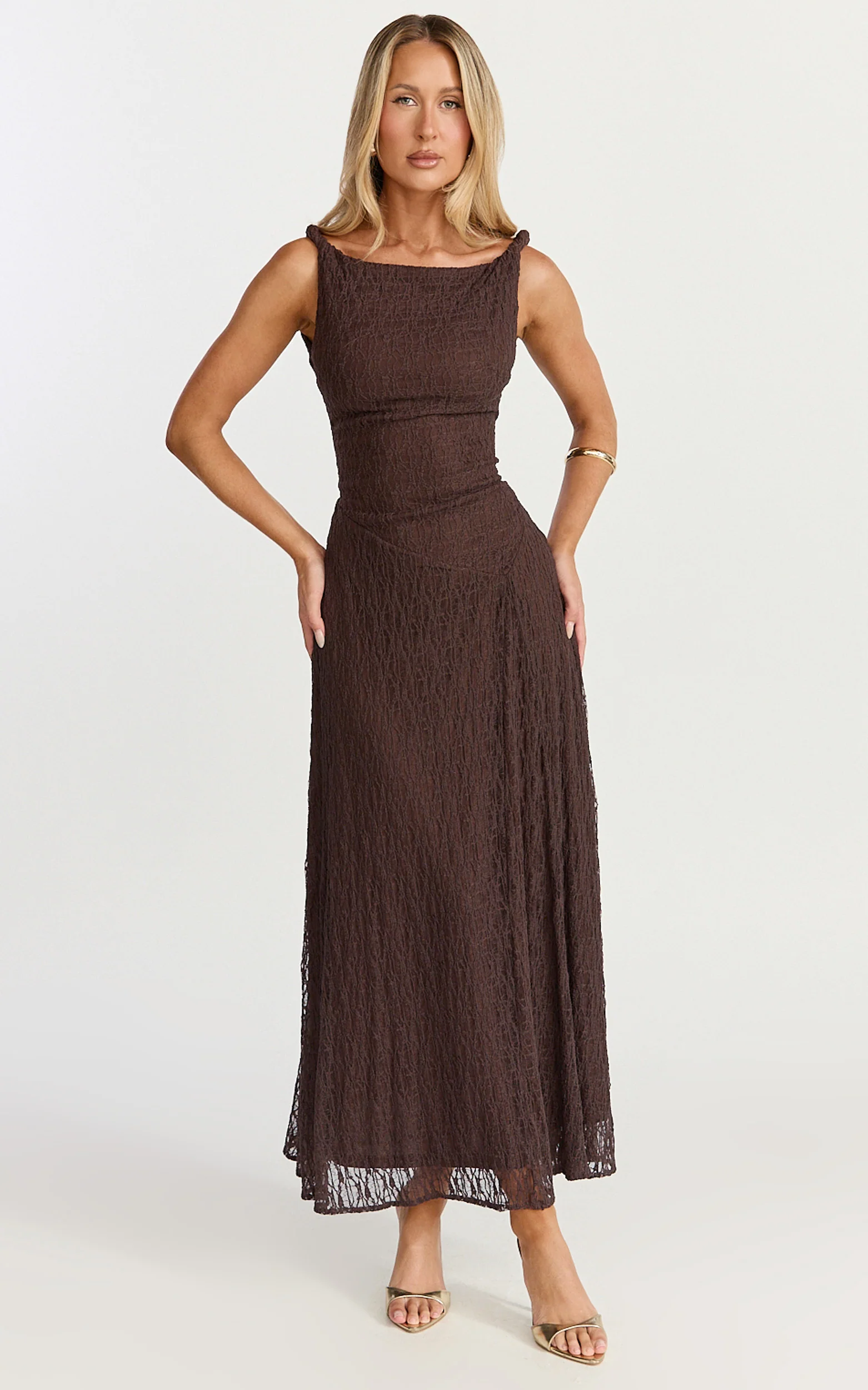 Abby Midi Dress - High Neck Asym Detail Dress in Chocolate