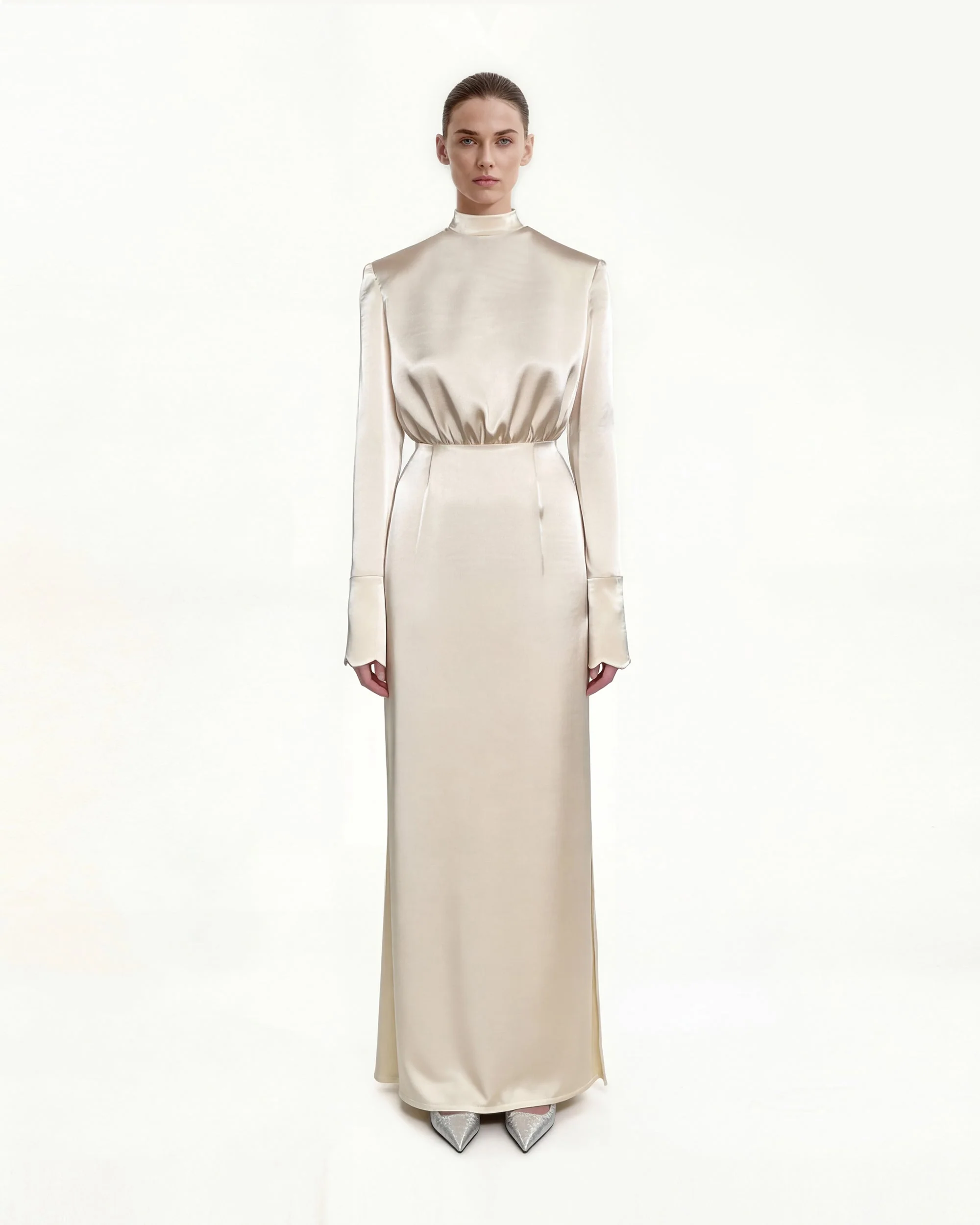 Structured Shoulder Design Satin High-Neck Fitted Maxi Dress - Cream