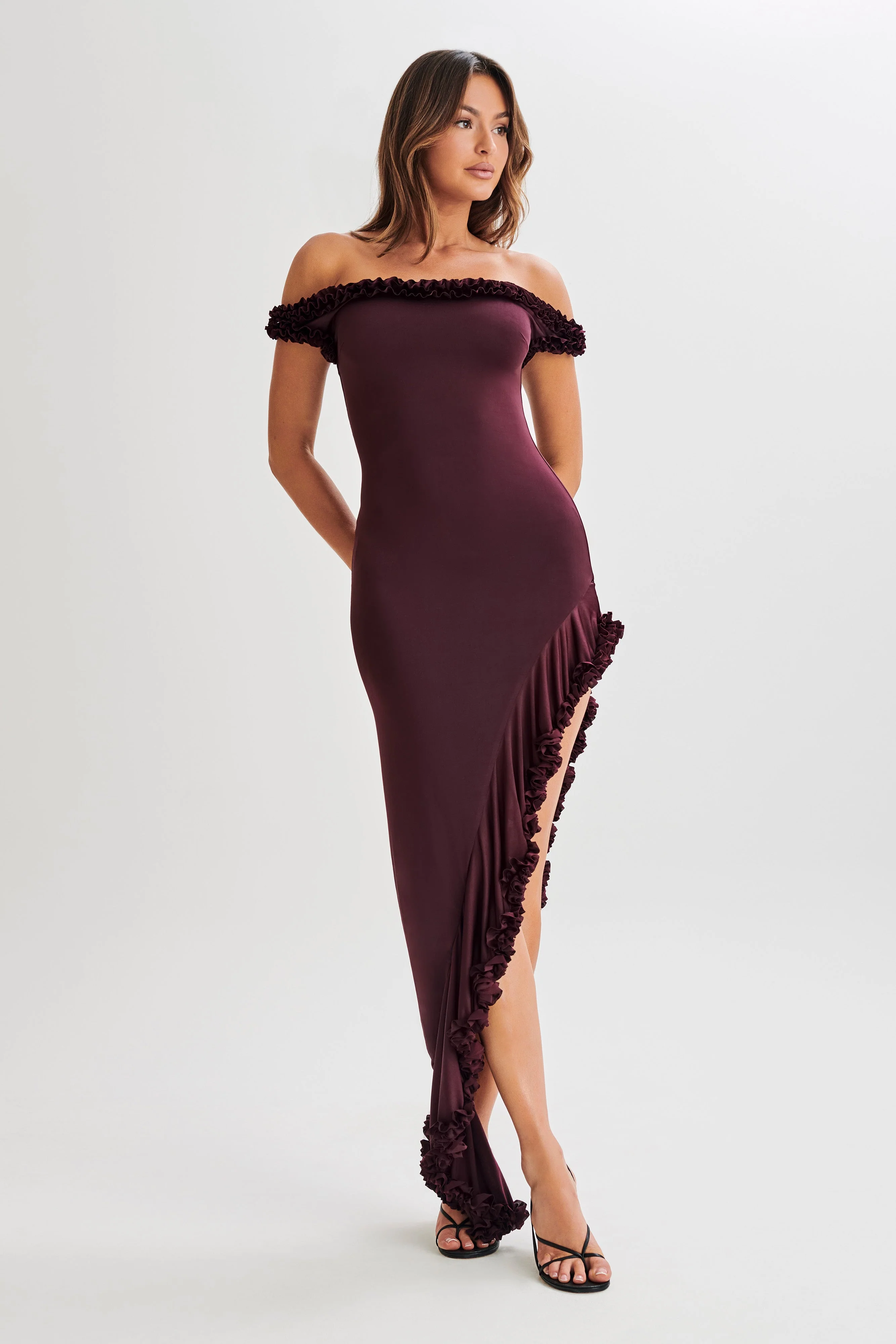 Arielle-Off-Shoulder-Ruffle-Midi-Dress-Plum