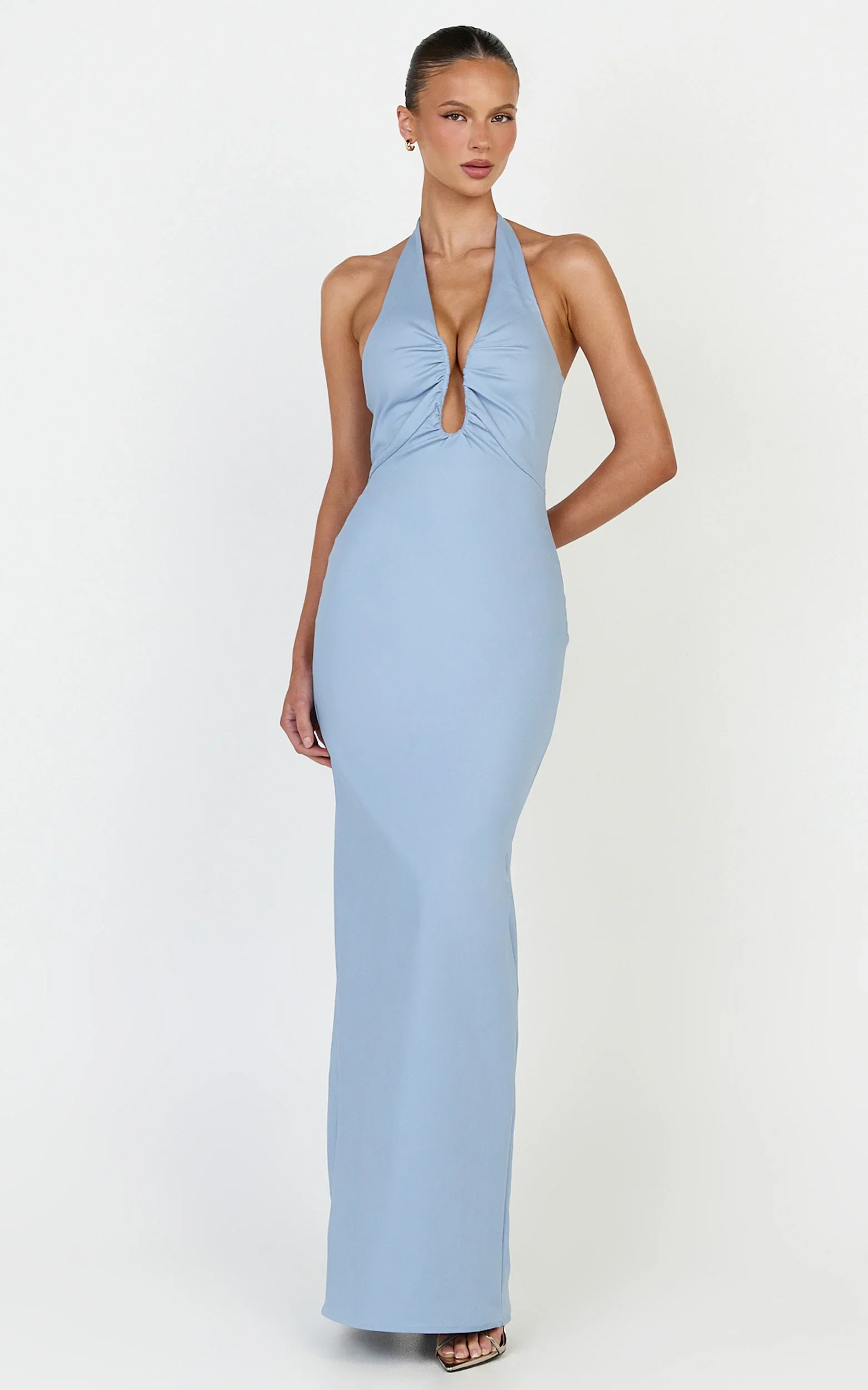 Baya Maxi Dress - Gathered Plunge Neckline Halter Dress in Pale Blue