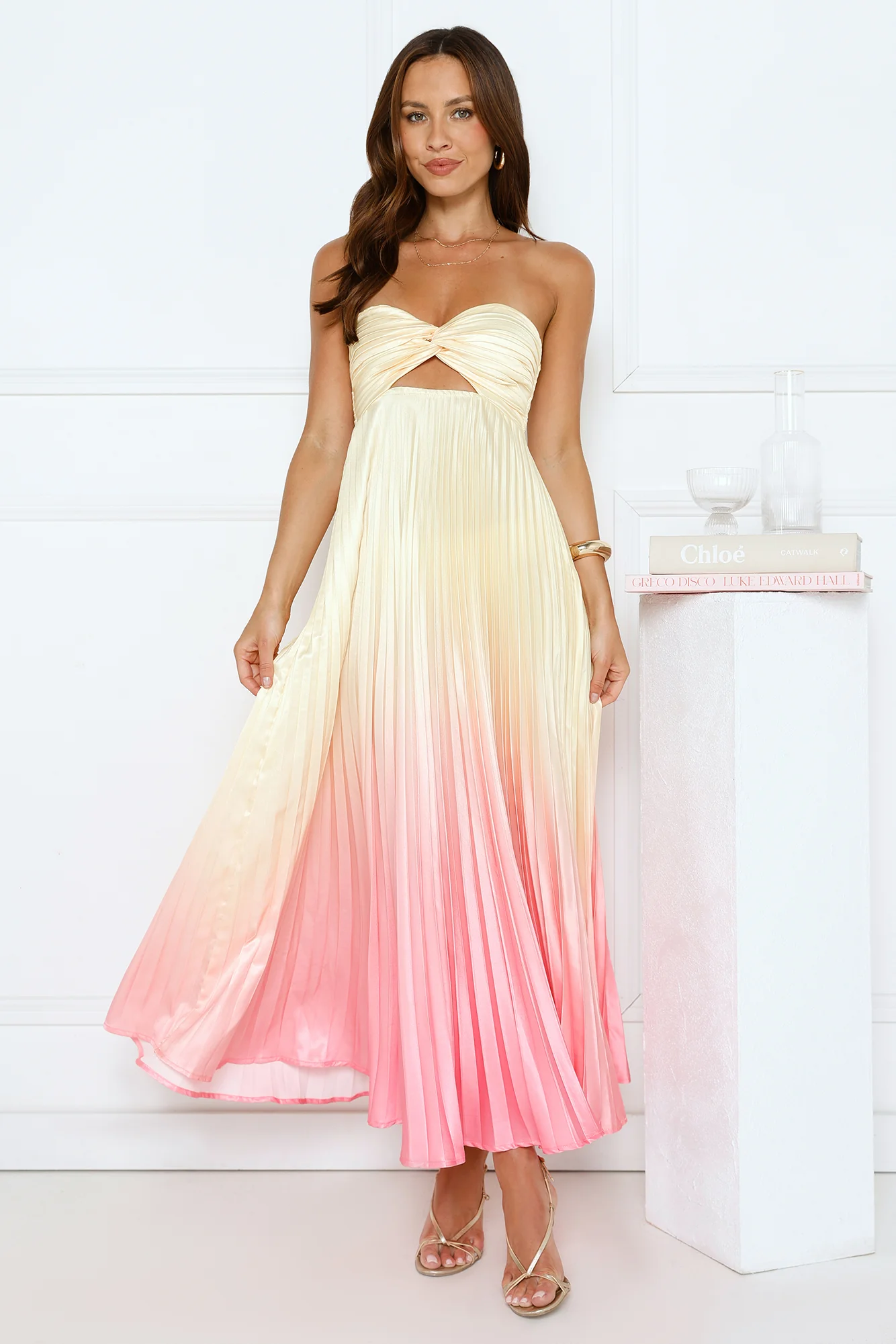 Melting Sunset Satin Strapless Maxi Dress Yellow