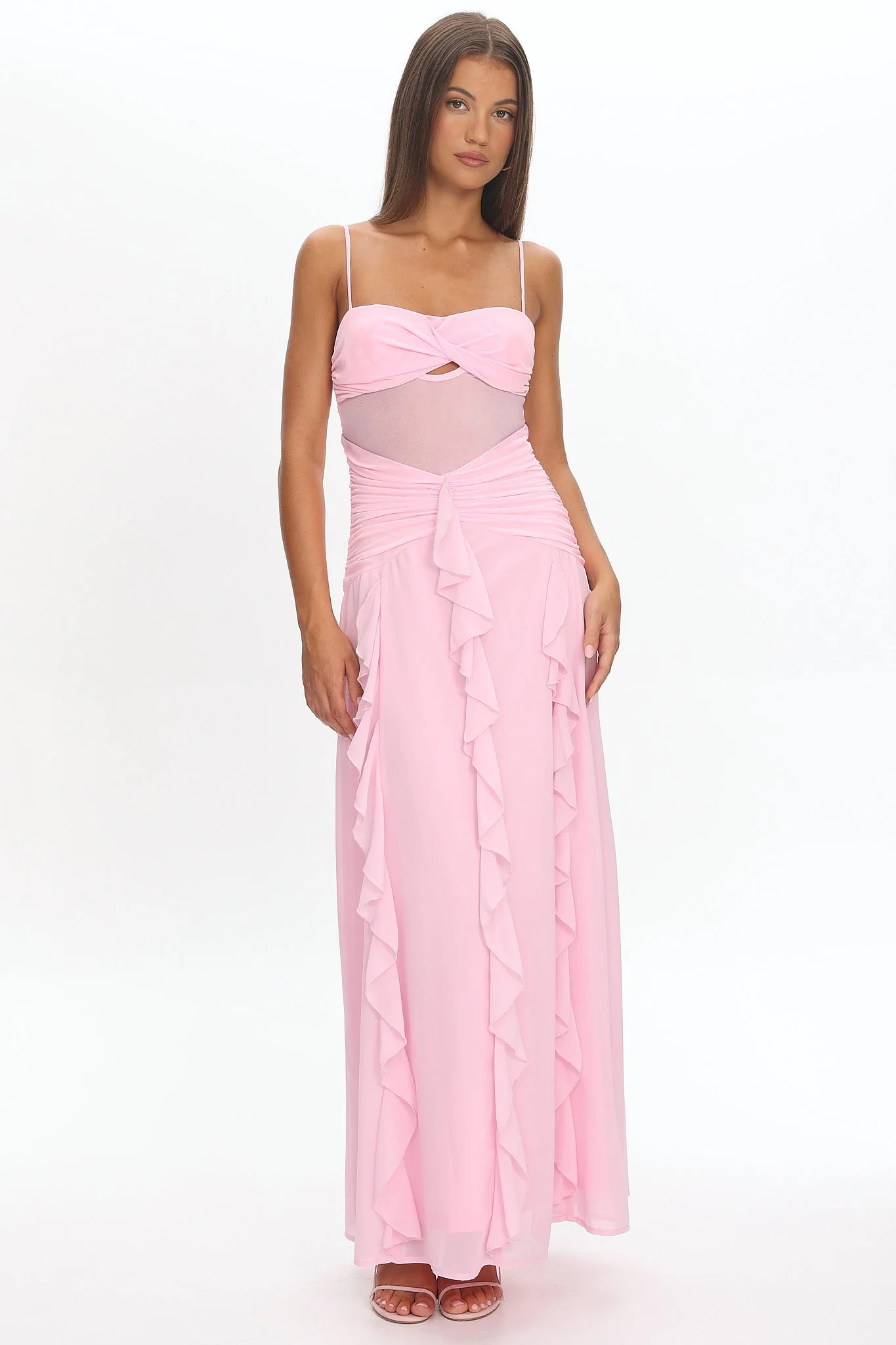 Janella Twist Bust Ruffle Maxi Dress Pink