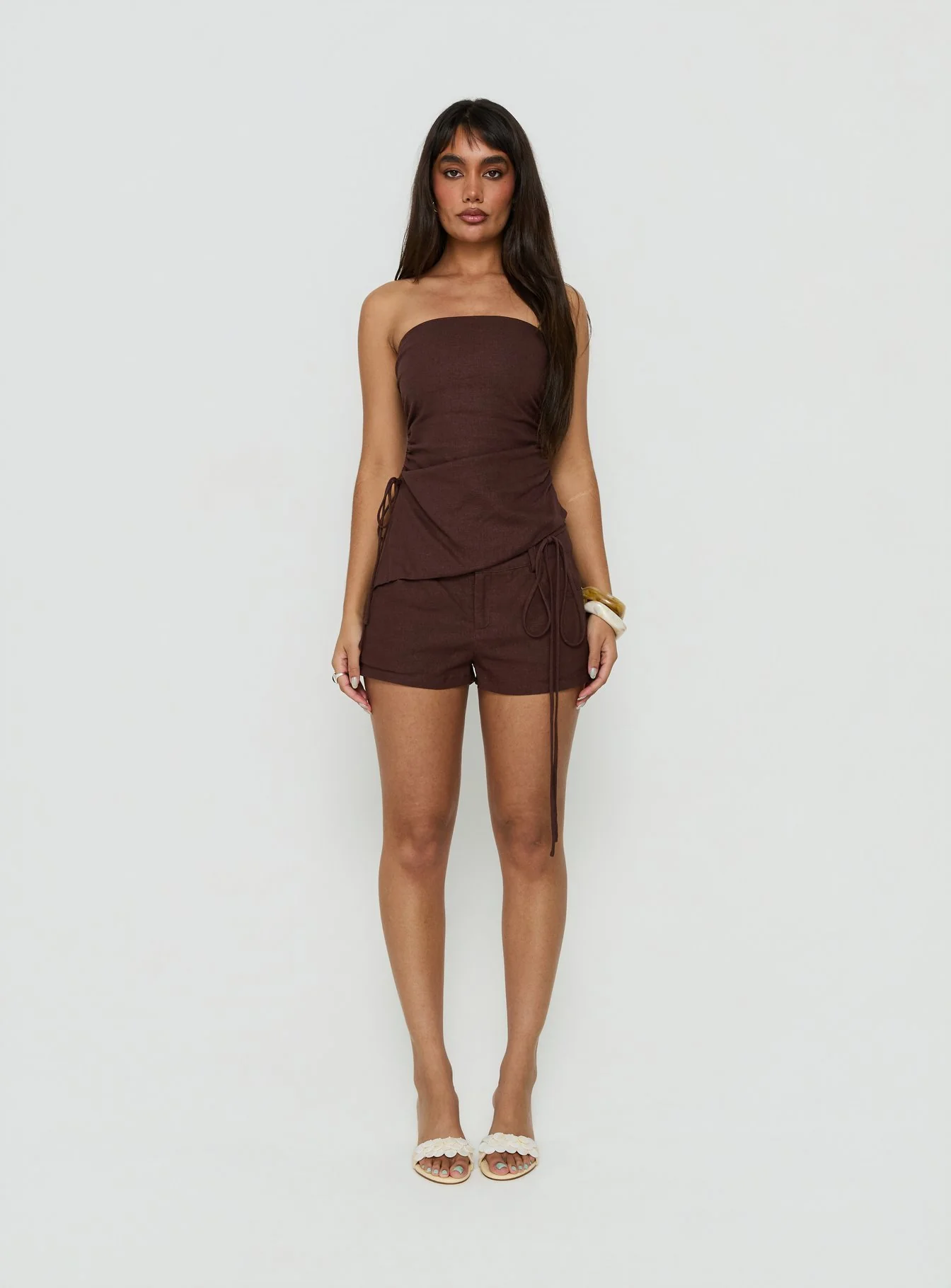 Defined Strapless Gathered Linen Blend Top Brown