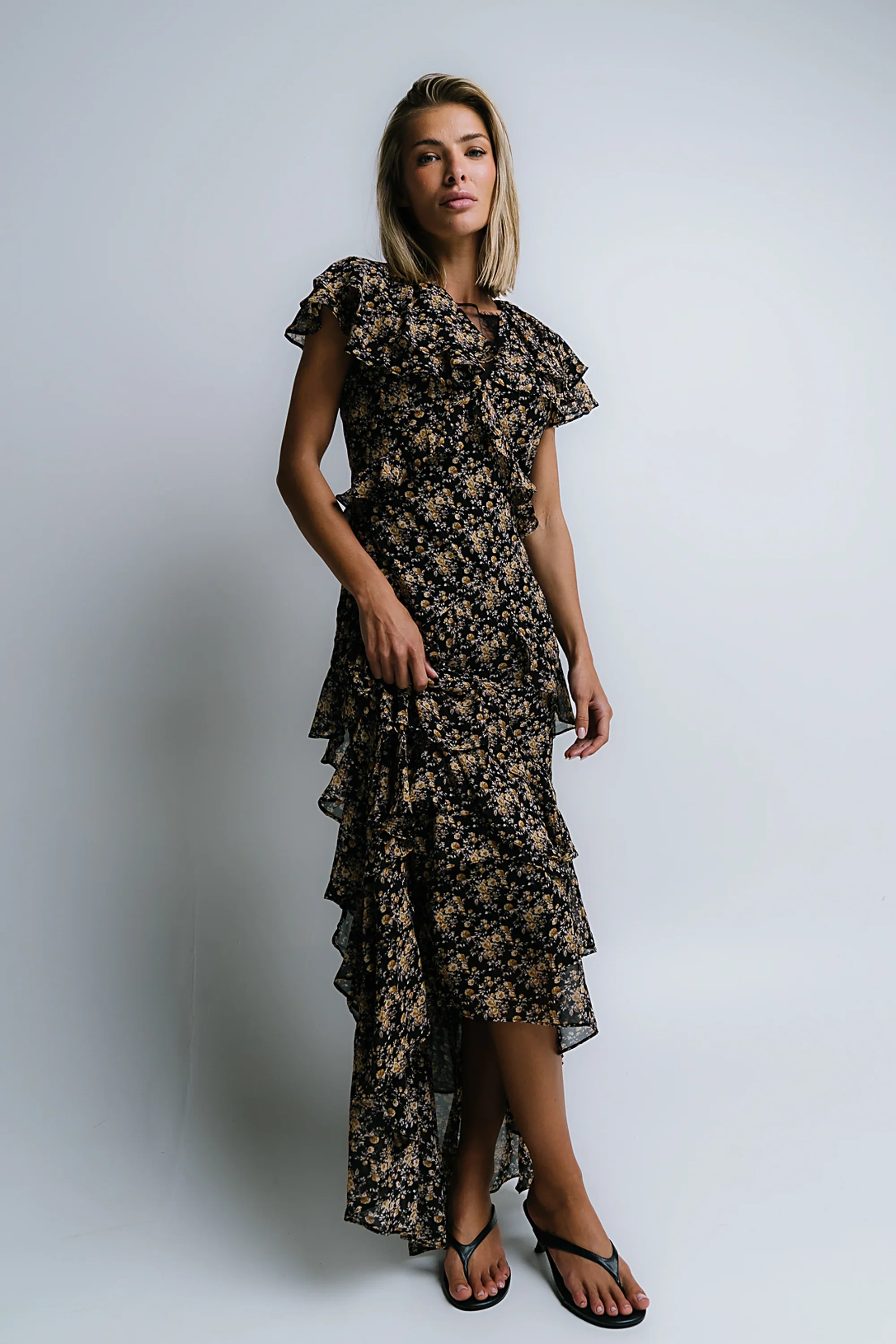 James Ruffle Maxi Dress in Black