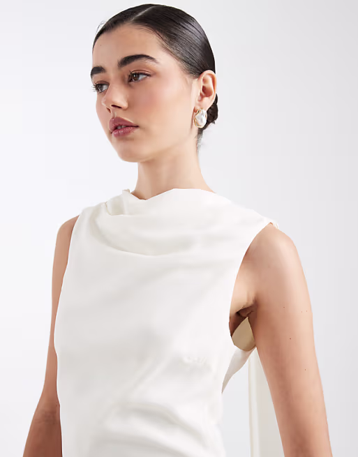 Six Stories Bridesmaid crepe high cowl neck maxi dress in Ivory