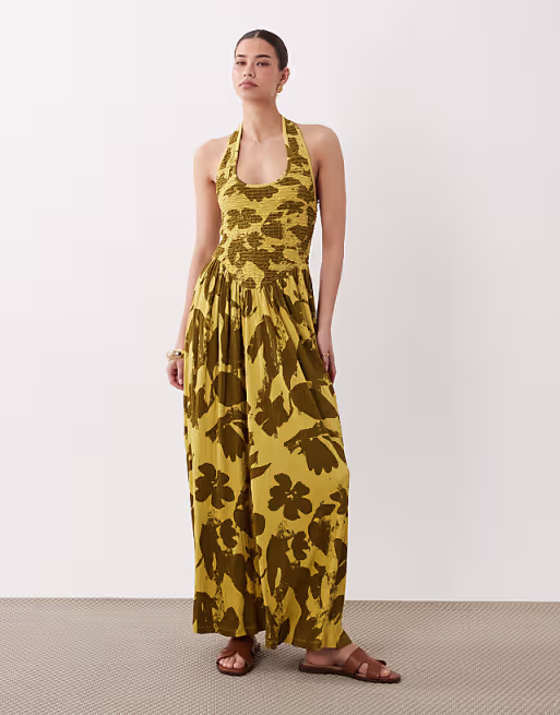 crinkle halter neck midi dress in green floral print