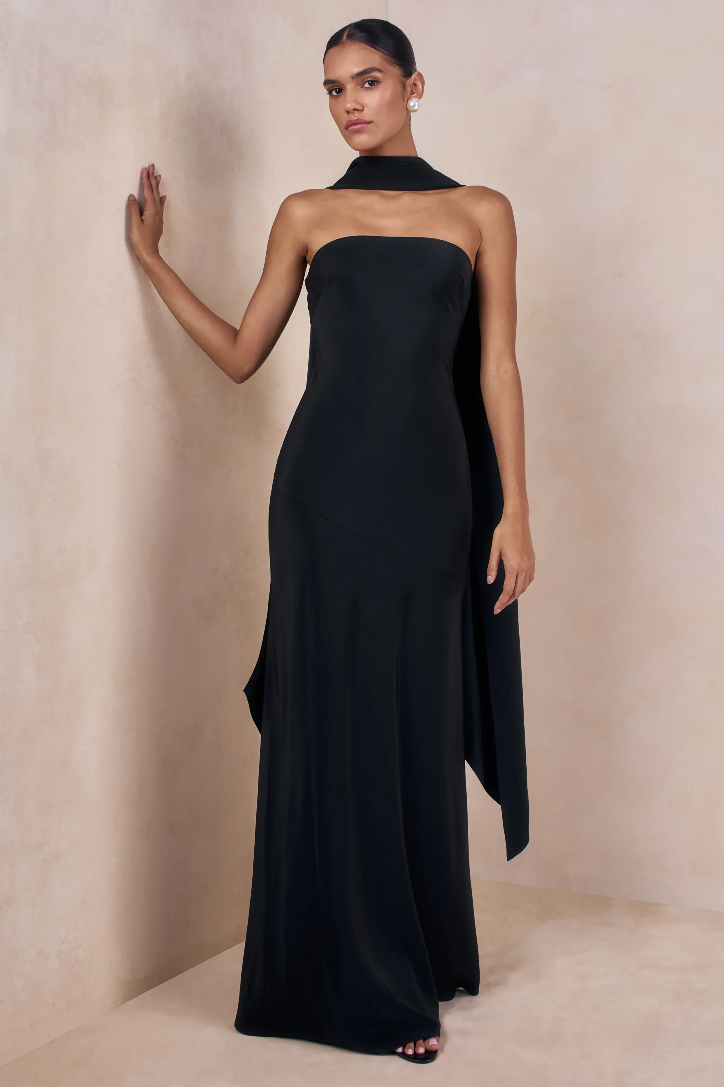 Charly | Black Satin Bandeau Maxi Dress With Scarf-Detail