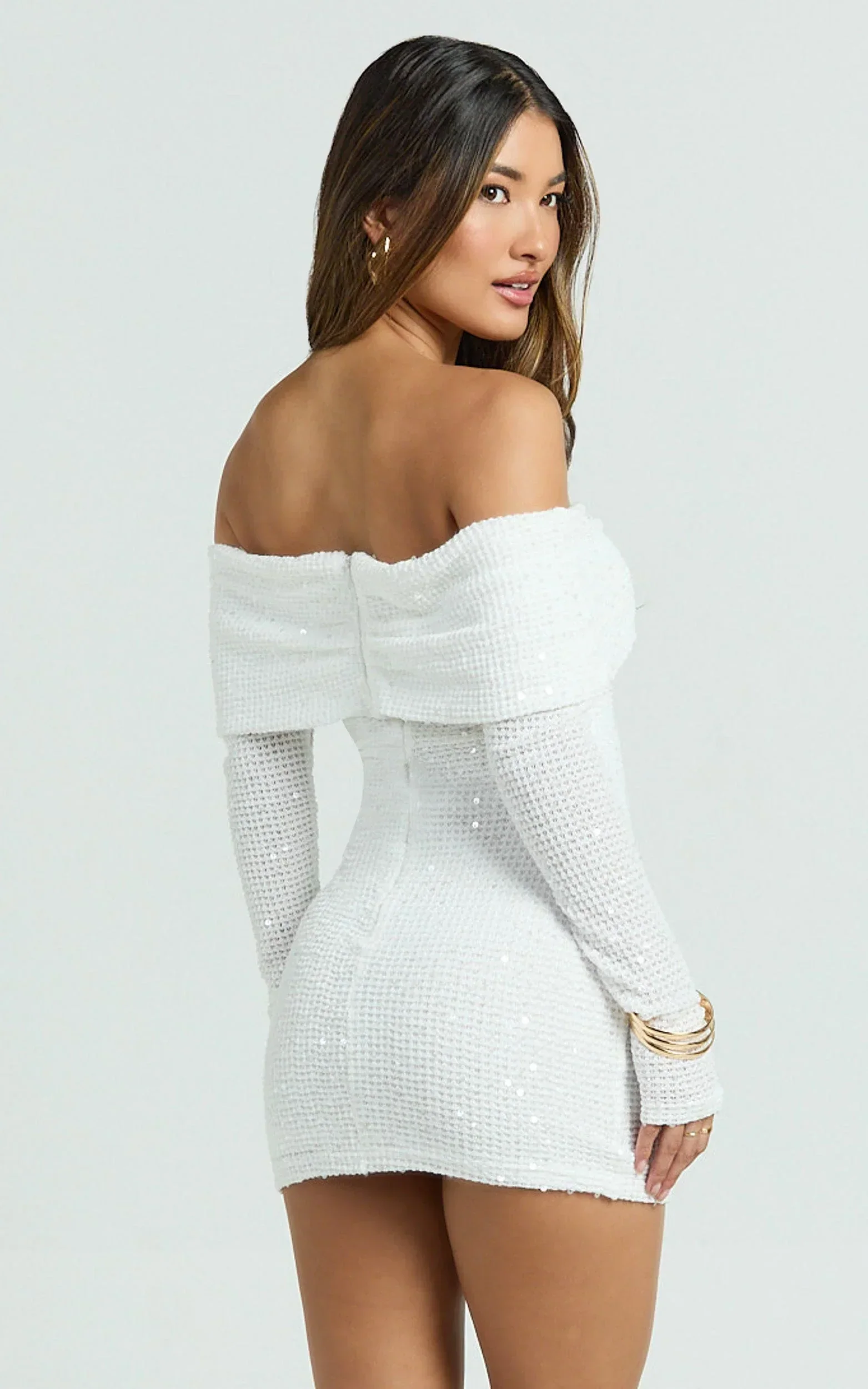 Virginia Mini Dress - Off Shoulder Sheer Sequin Knit Dress in White