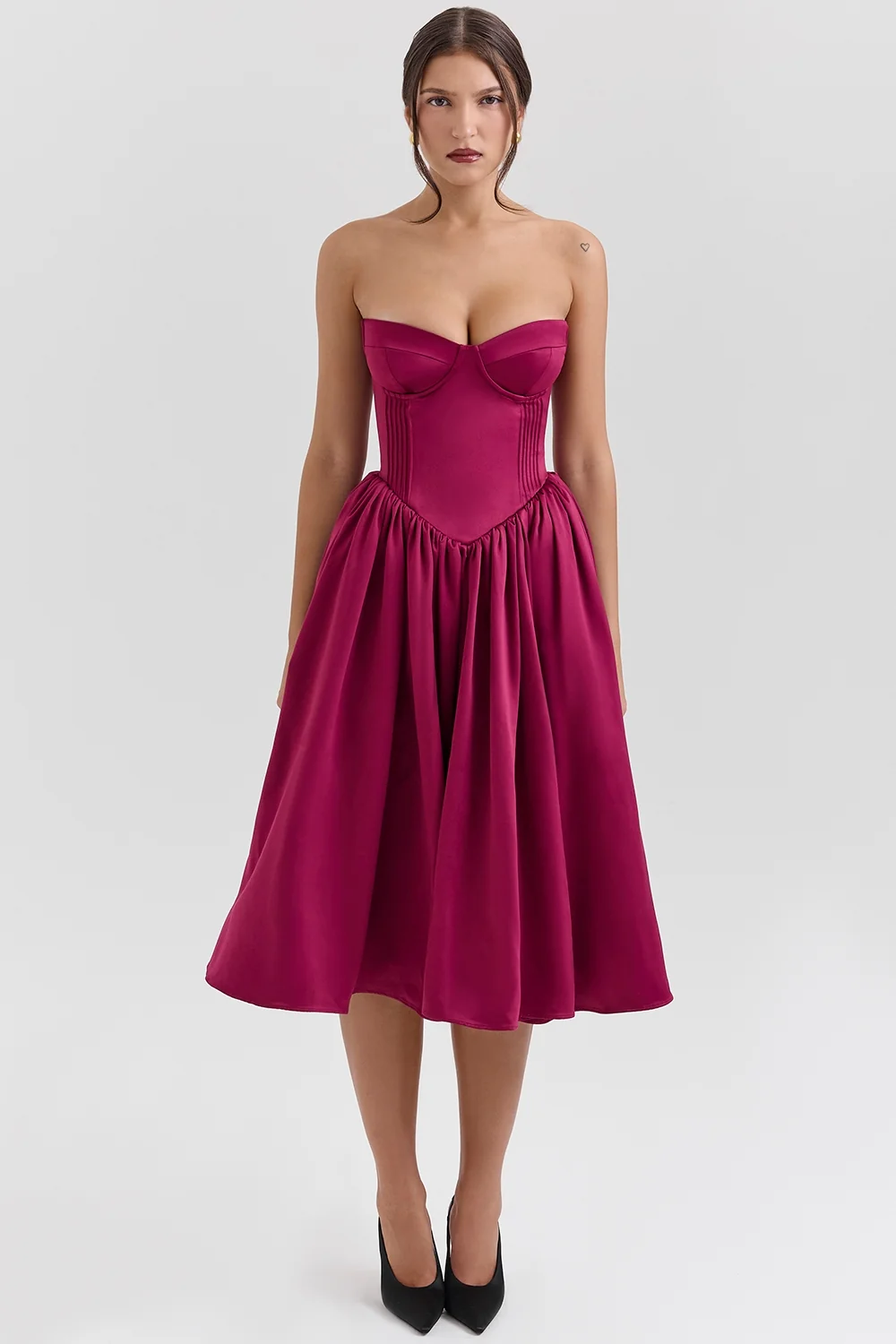 Burgundy Satin Tulle Midi Dress