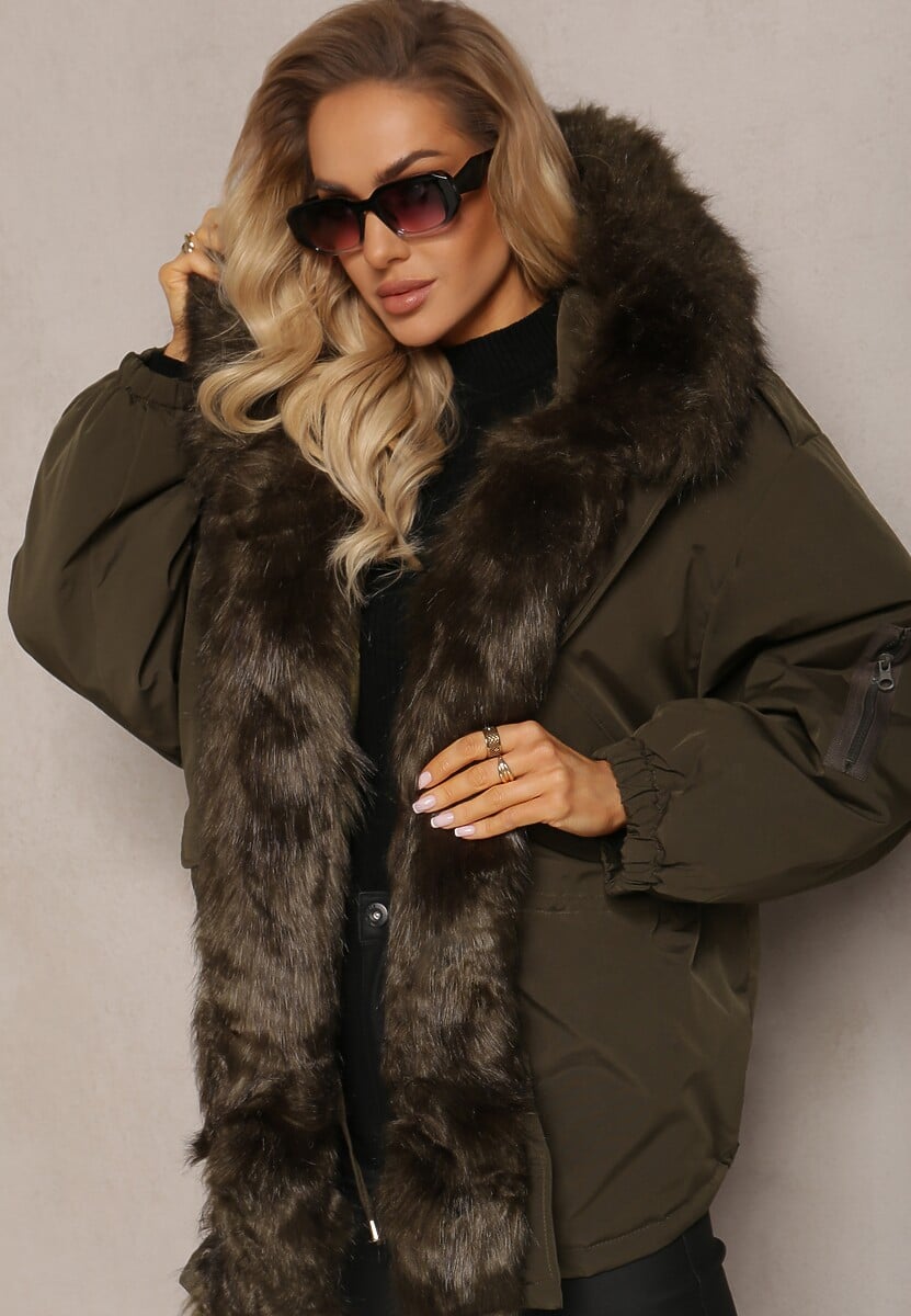 Ciemnozielona Kurtka Parka Oversize z Futerkiem Horelle