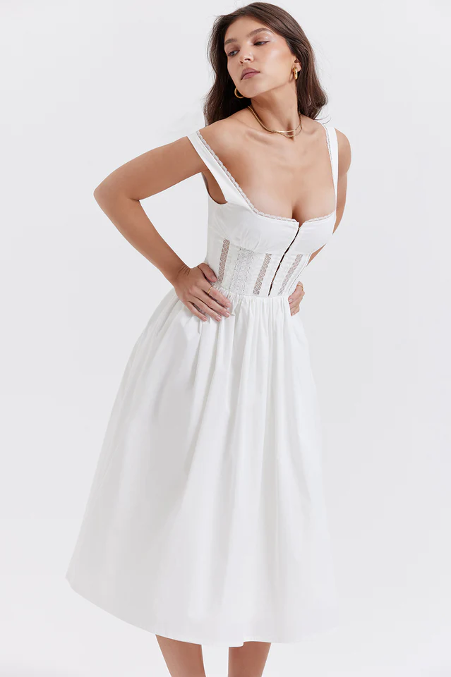 White Lace Trim Midi Dress