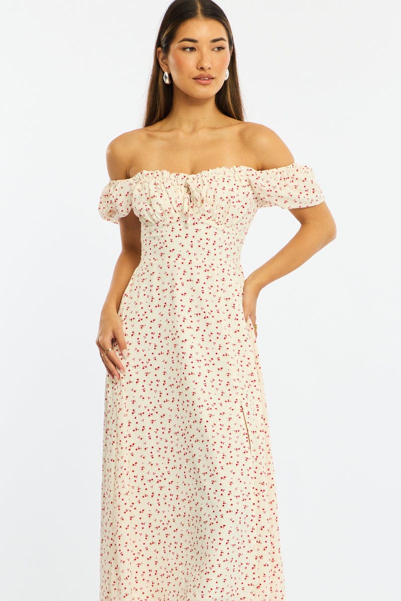 White Ditsy Midi Dress Puff Sleeve
