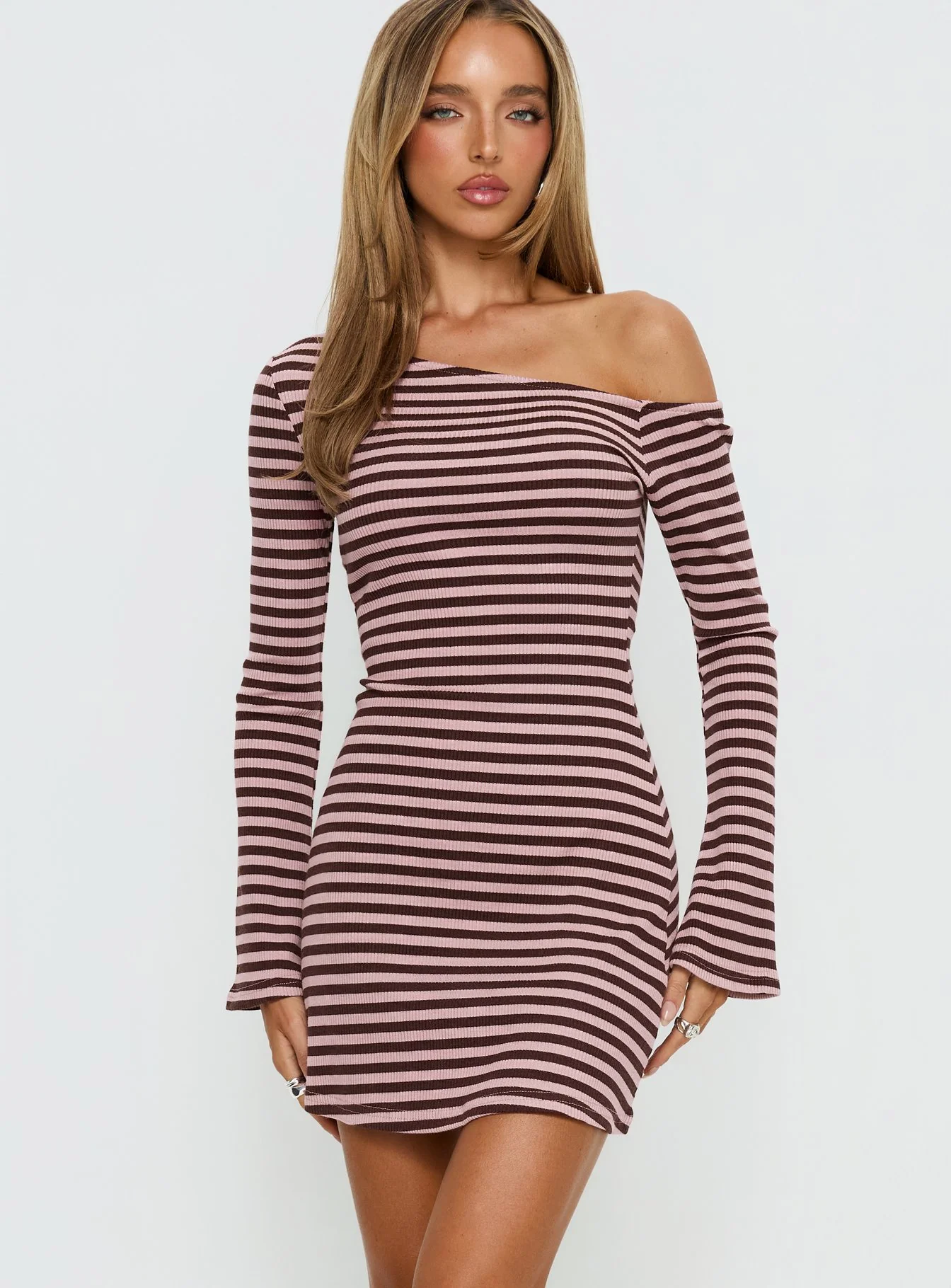 Adrietta Long Sleeve Off Shoulder Mini Dress Chocolate / Pink Stripe